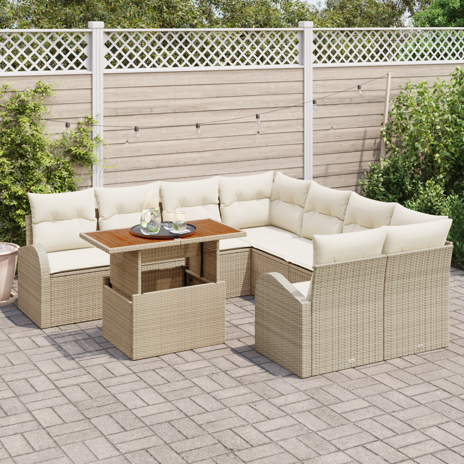 vidaXL 9-delige tuin eetset met kussens in beige van poly rattan en acacia