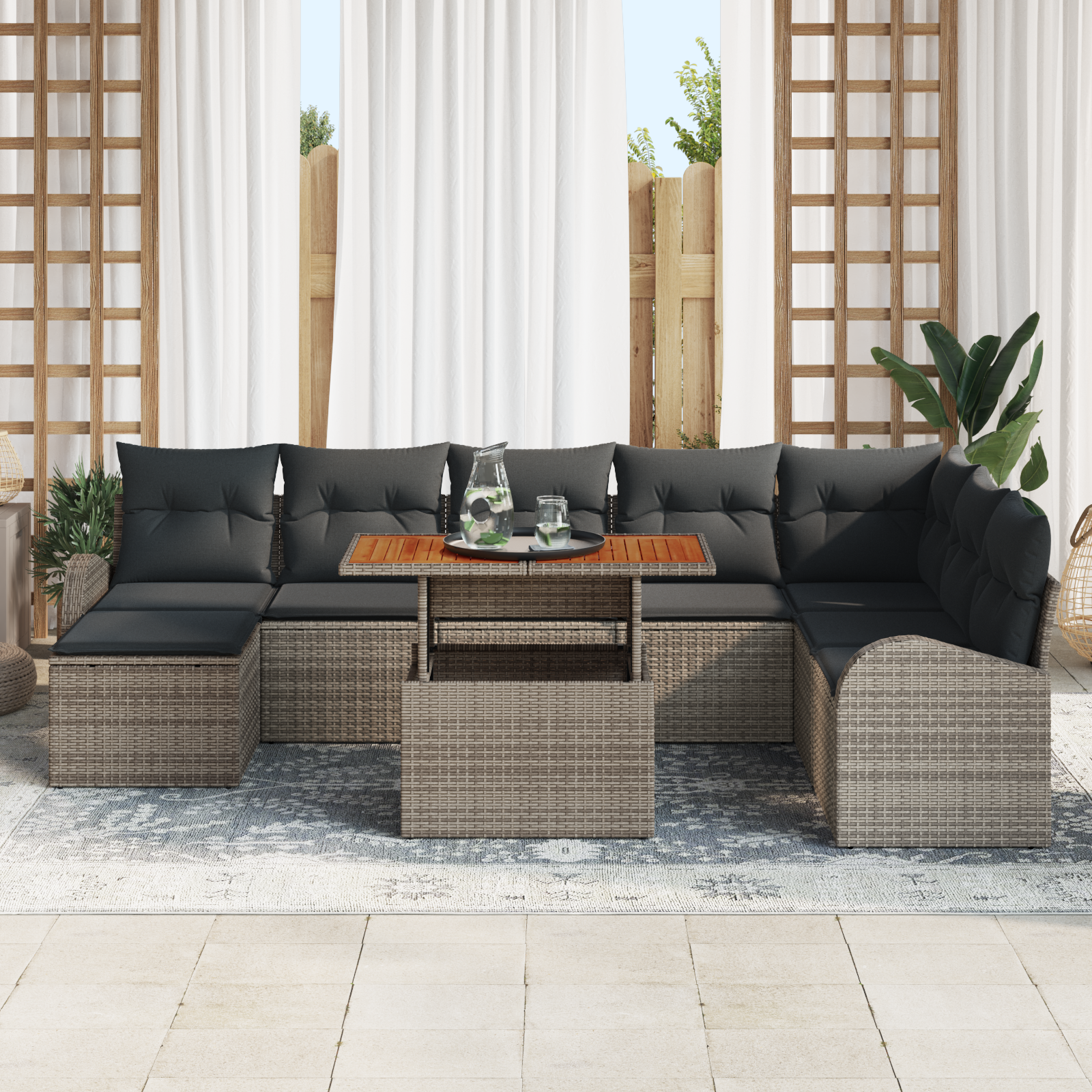 vidaXL 9-delige Tuinbankenset met kussens poly rattan grijs