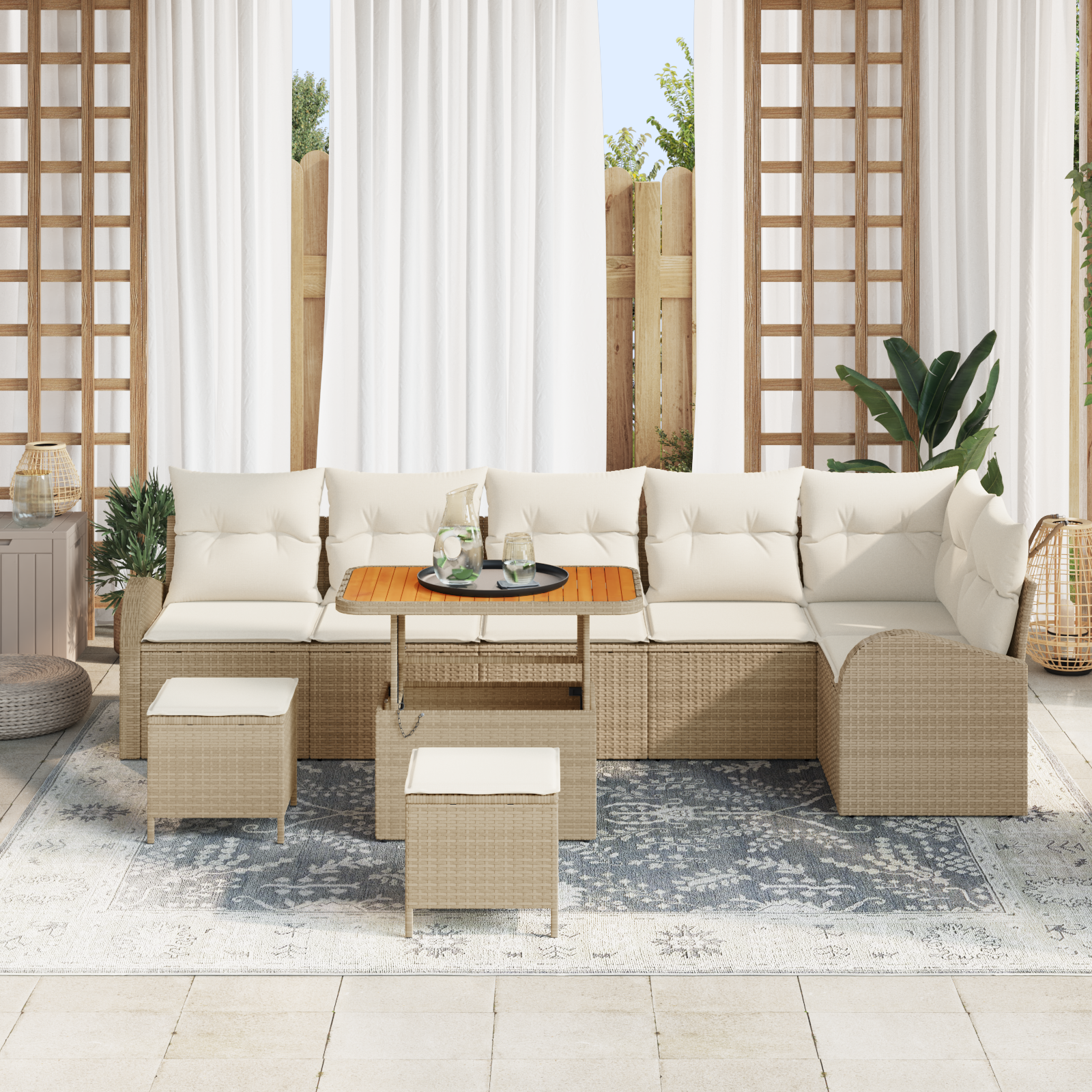 vidaXL 9-delige ligbedset met kussens Beige Poly Rattan Acacia