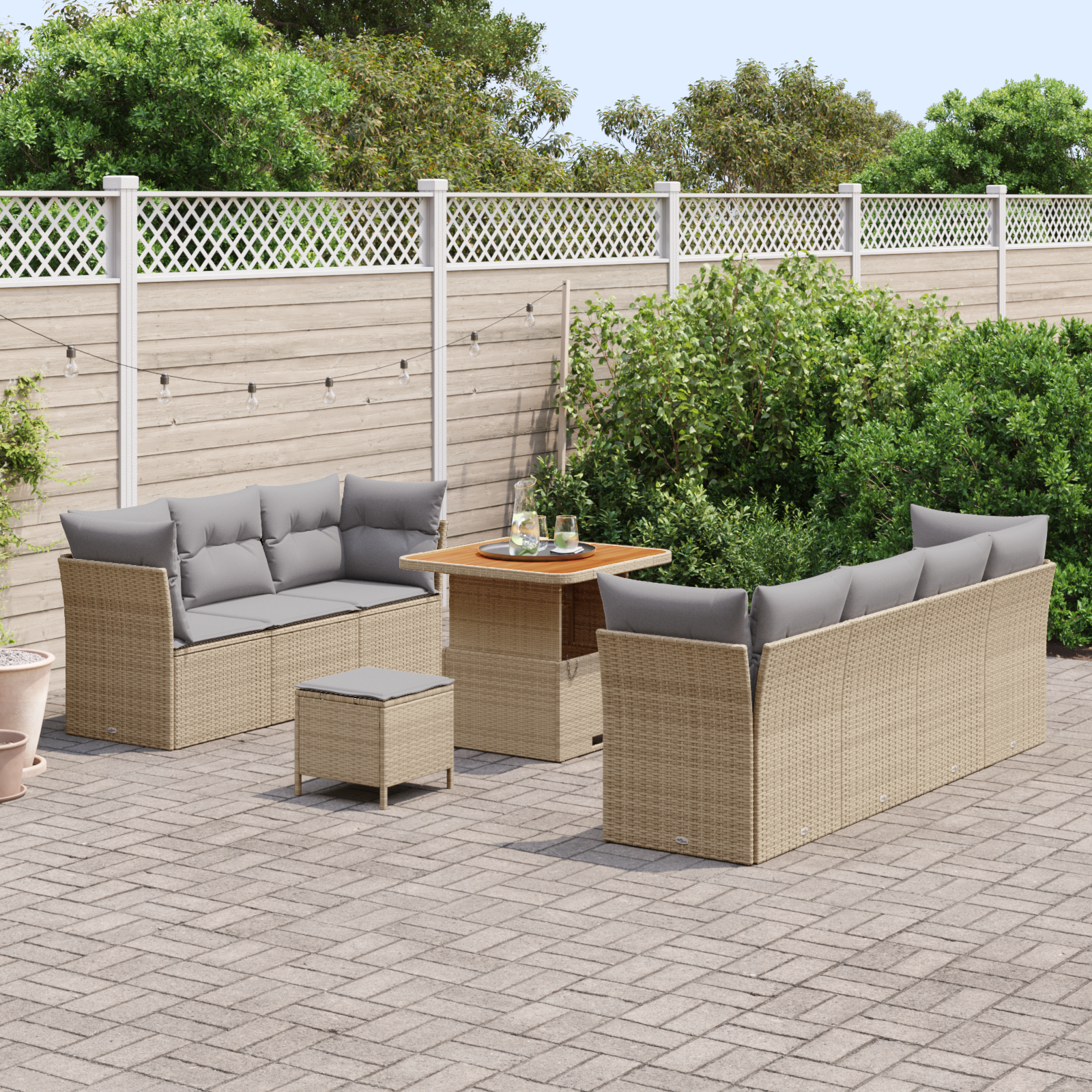 vidaXL 10-delige tuinset met kussens in beige poly rattan en acacia