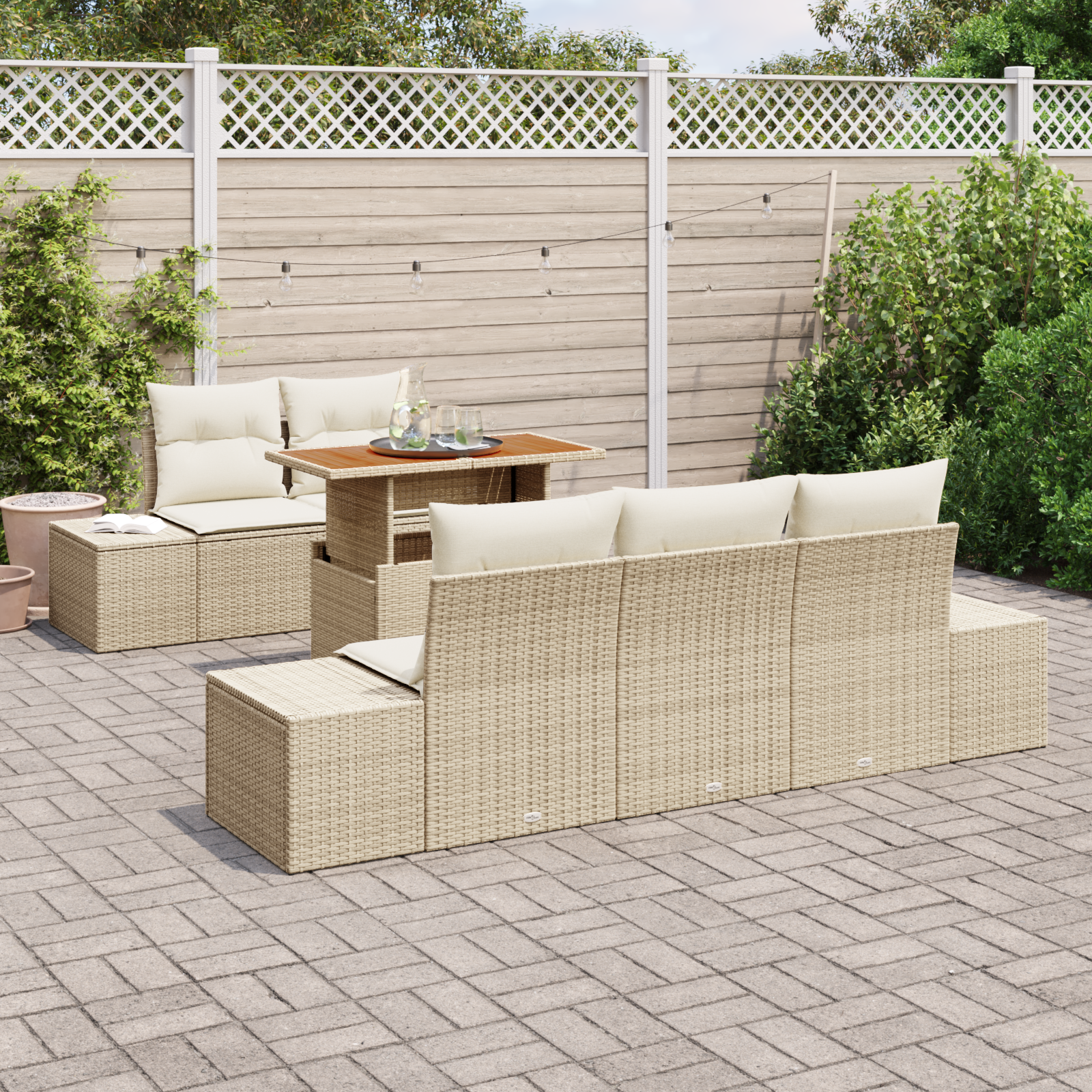 vidaXL 6-delige Tuinbankenset met kussens poly rattan beige