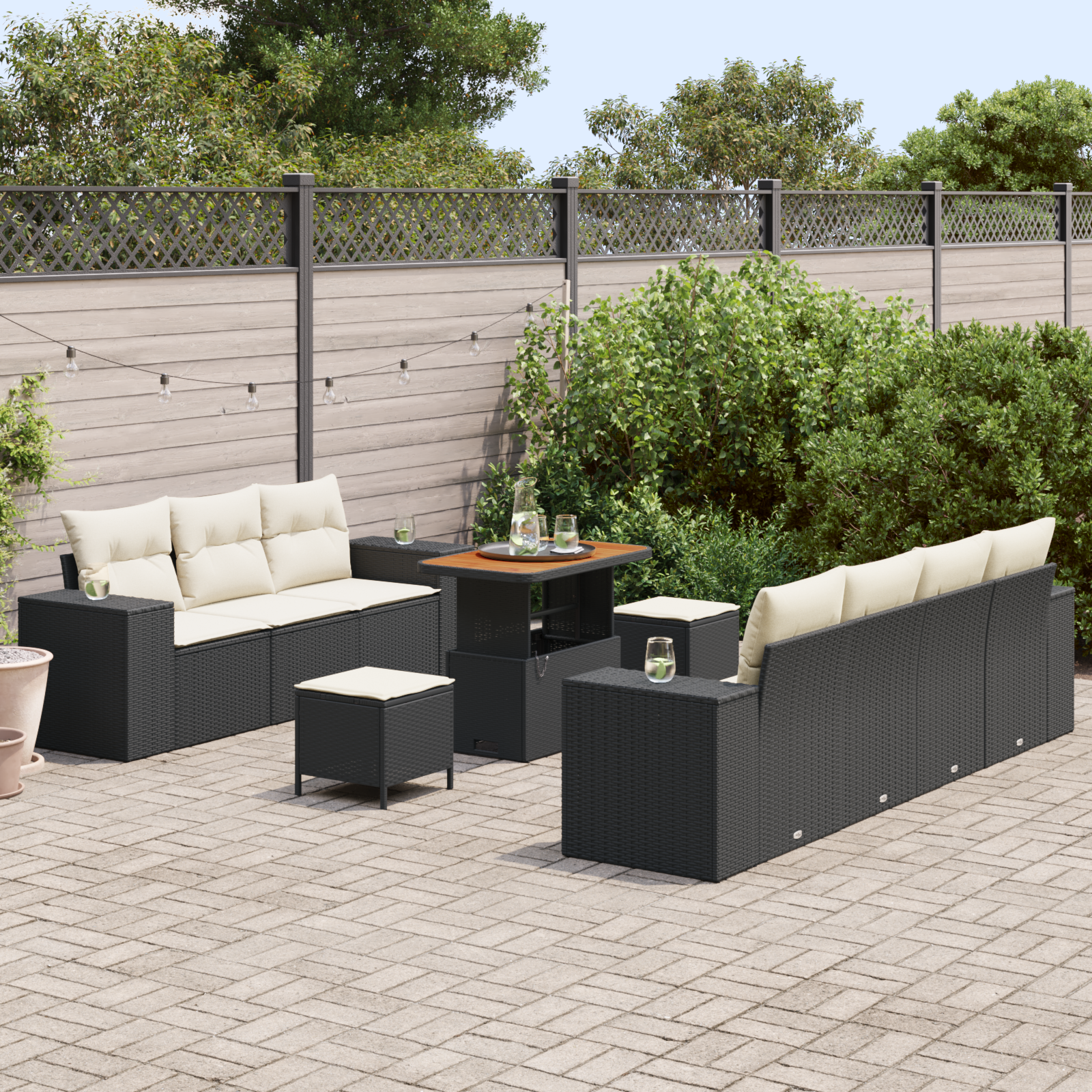 vidaXL 10-delige Tuinbankenset met kussens poly rattan acacia zwart