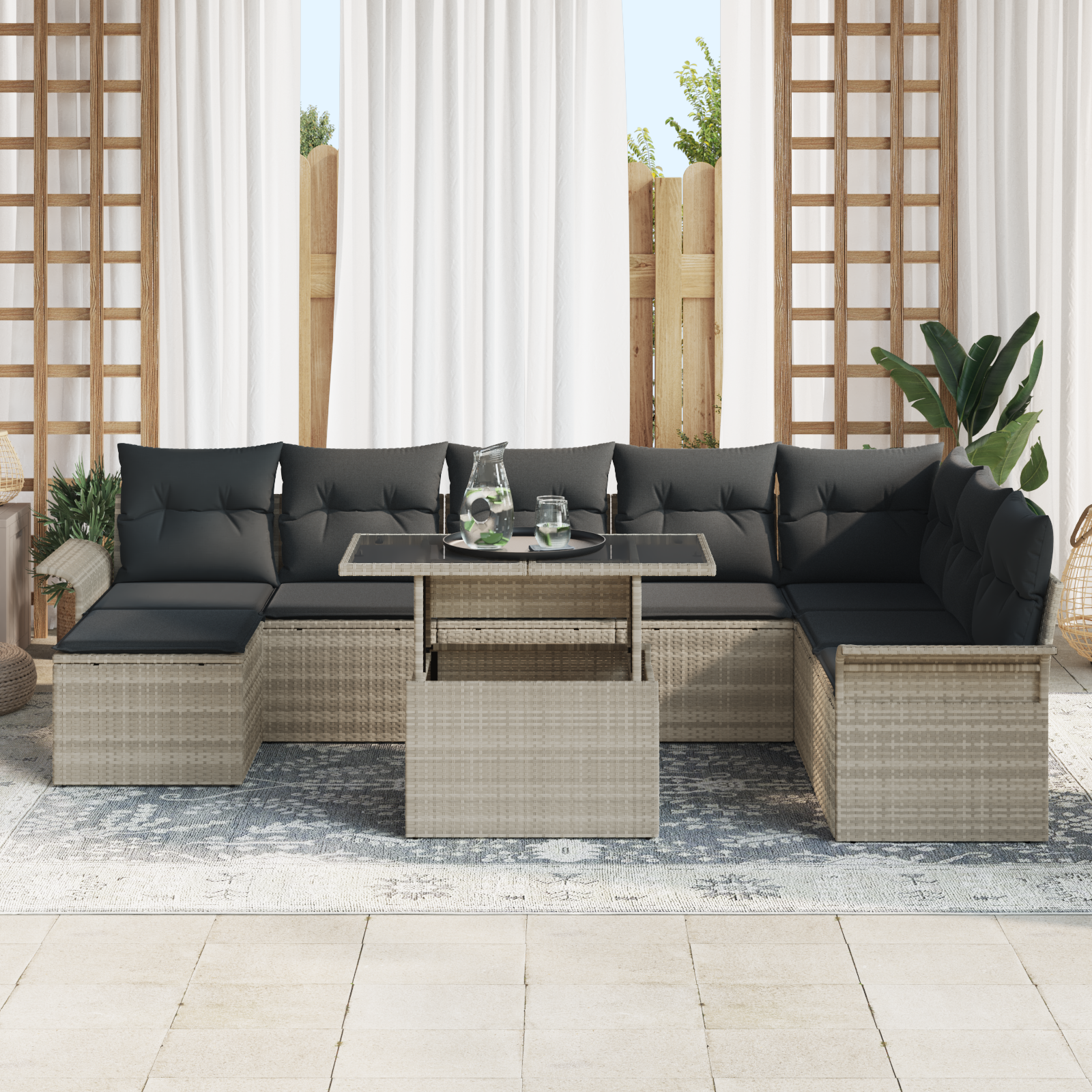 vidaXL 9-delige Tuinbankenset met kussens poly rattan lichtgrijs