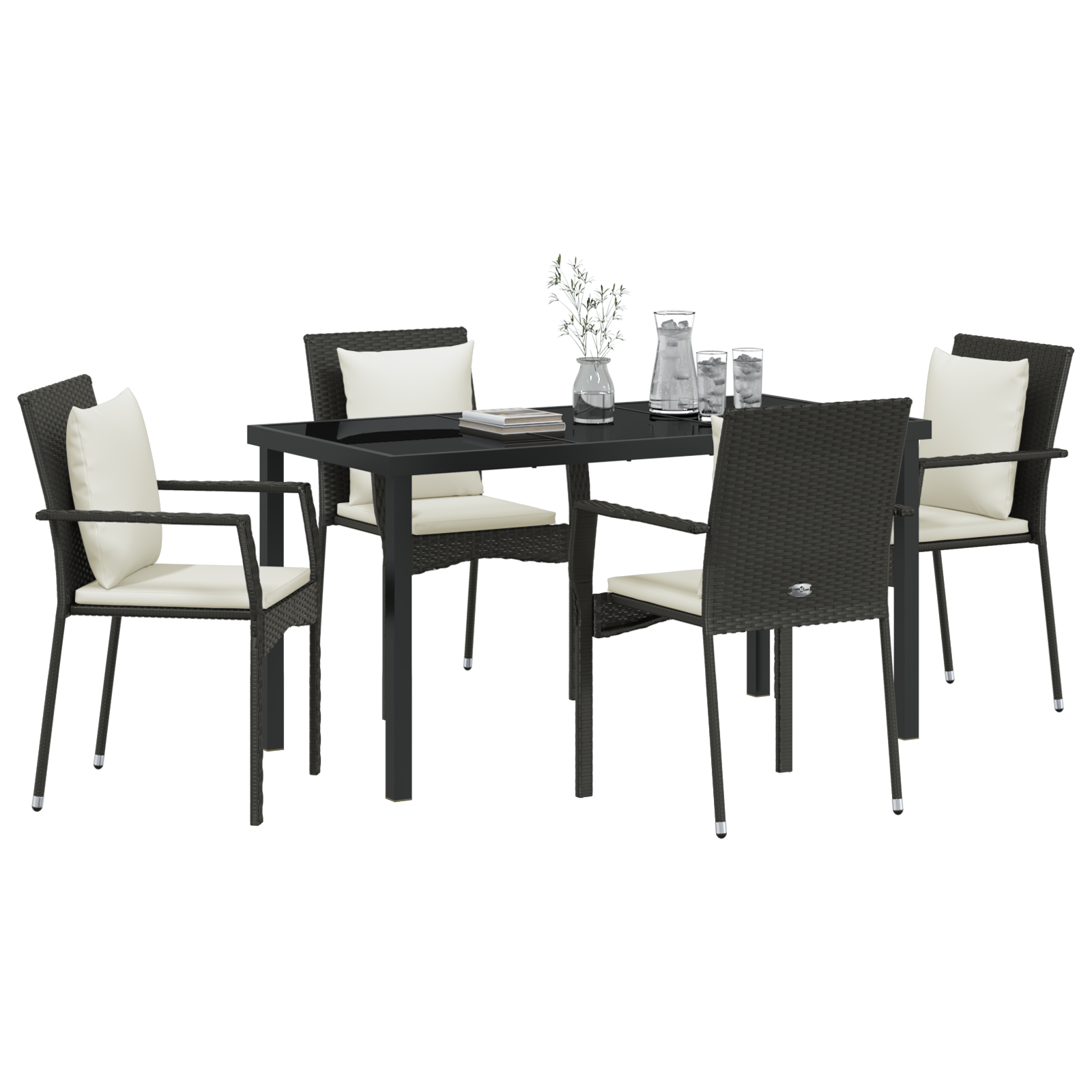 vidaXL 5-delige tuin eettafelset met kussens van zwart poly rattan