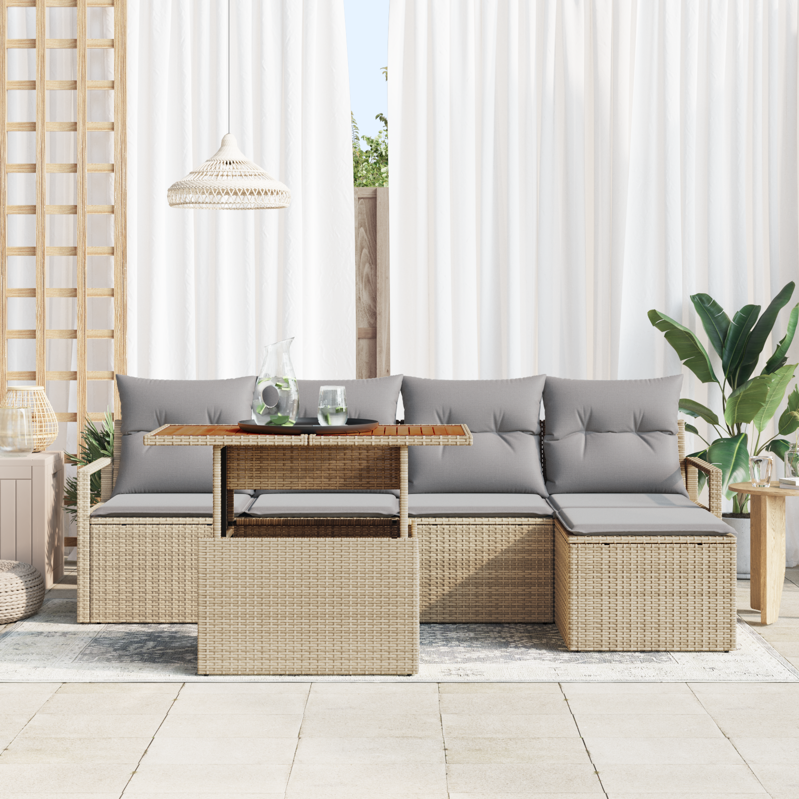 vidaXL 6-delige Tuinbankenset met kussens poly rattan acacia beige