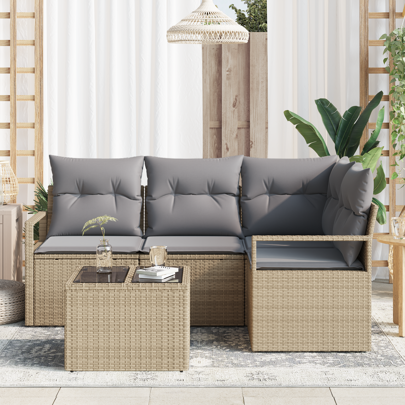 vidaXL 5-delige Tuinbankenset met kussens poly rattan zwart