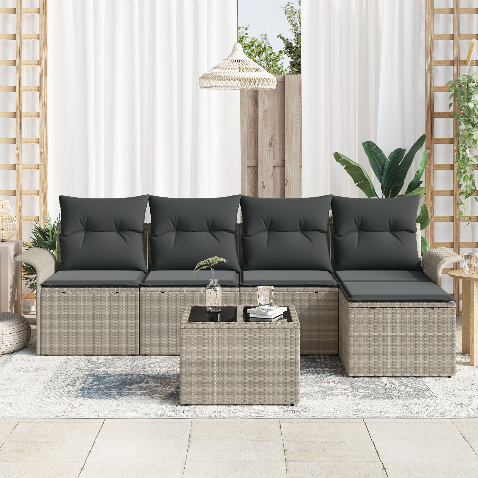 vidaXL 6-delige Tuinbankenset met kussens poly rattan grijs