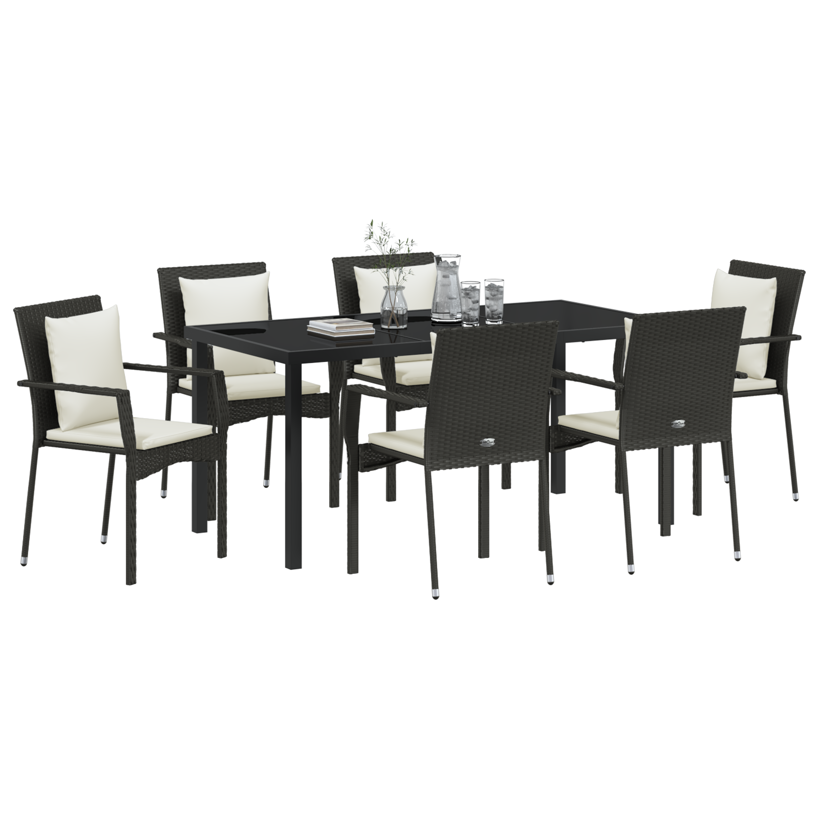vidaXL 7-delige Tuin Eettafel Set met Kussens - Zwart Poly Rattan
