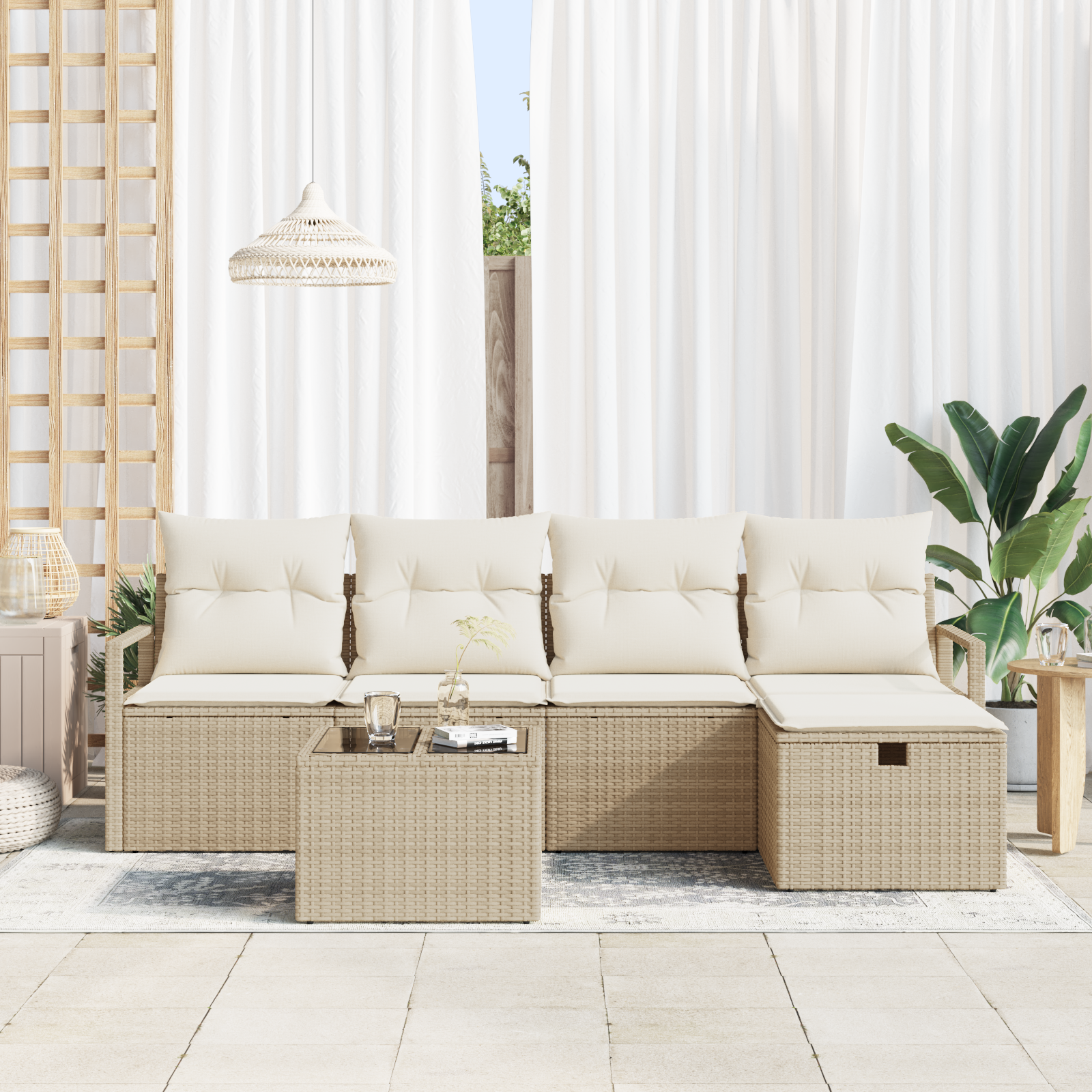 vidaXL 6-delige tuinbank set met kussens beige poly rattan
