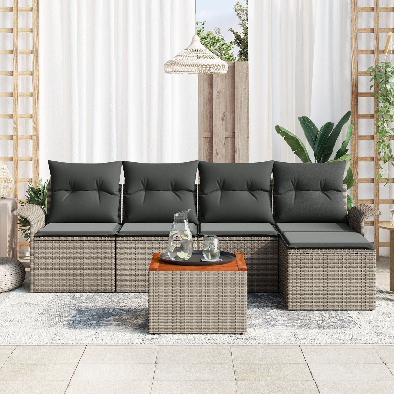vidaXL 6-delige Tuinbankenset met kussens poly rattan acacia grijs