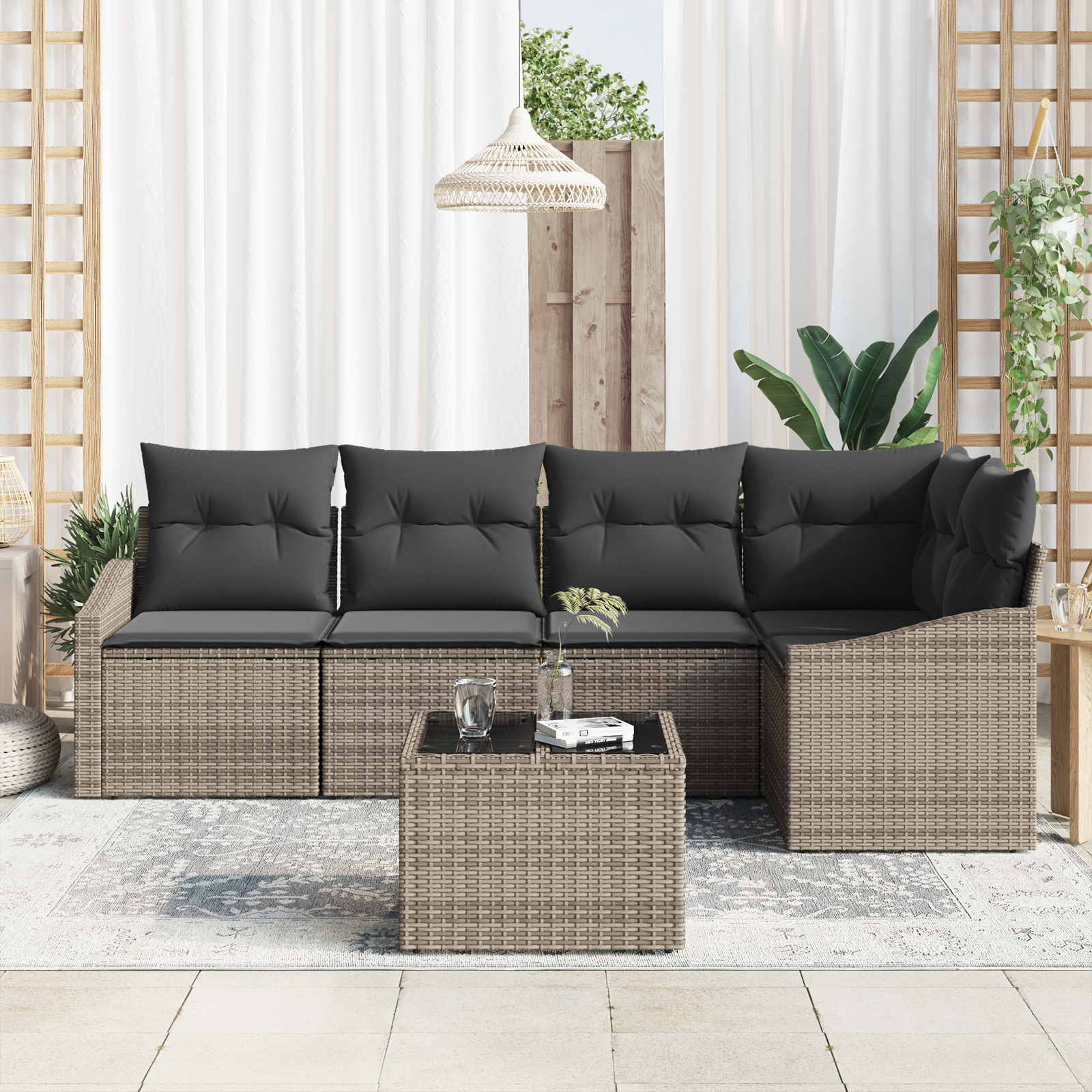 vidaXL 5-delige tuinset met kussens in zwart poly rattan