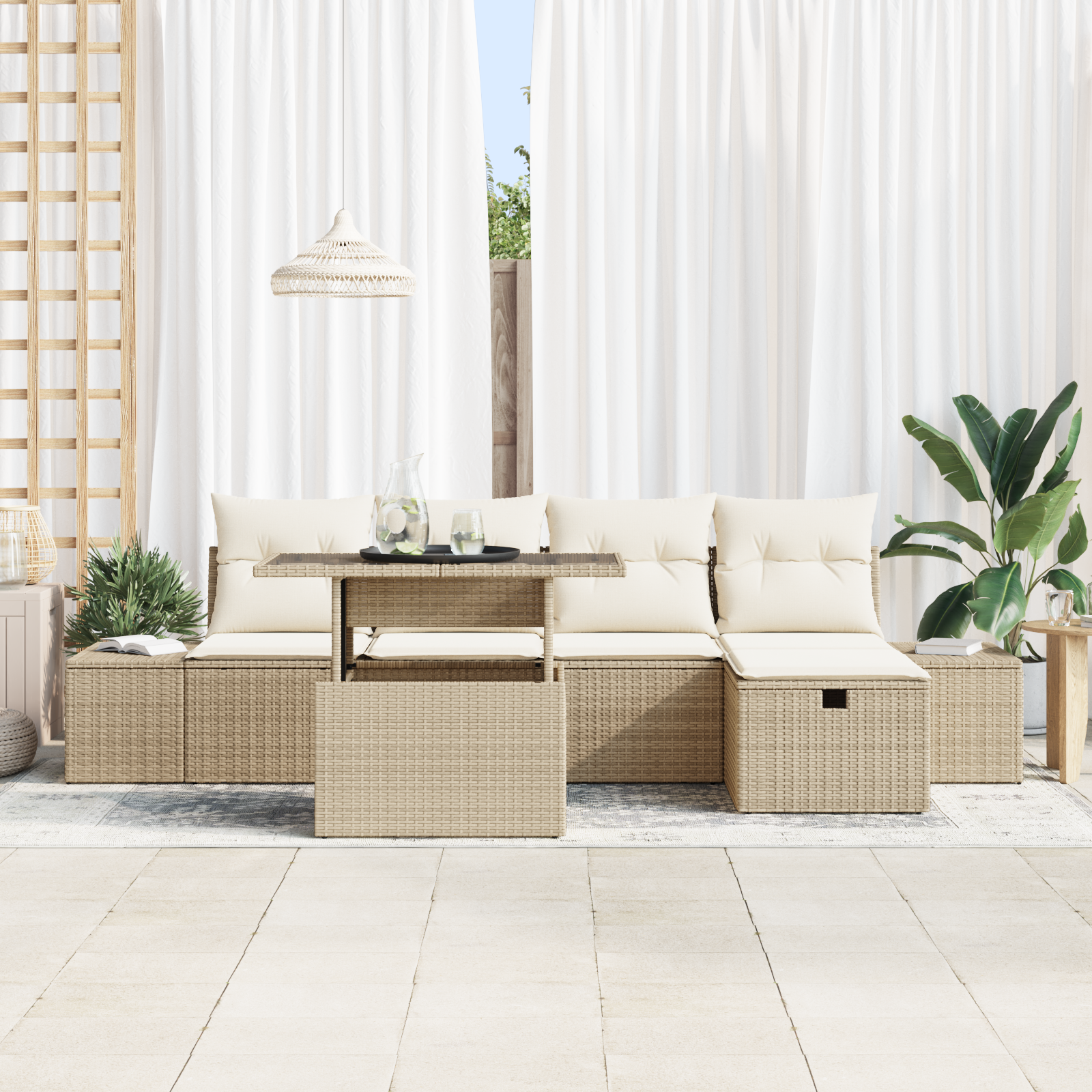 vidaXL 6-delige Tuinbankenset met kussens poly rattan beige