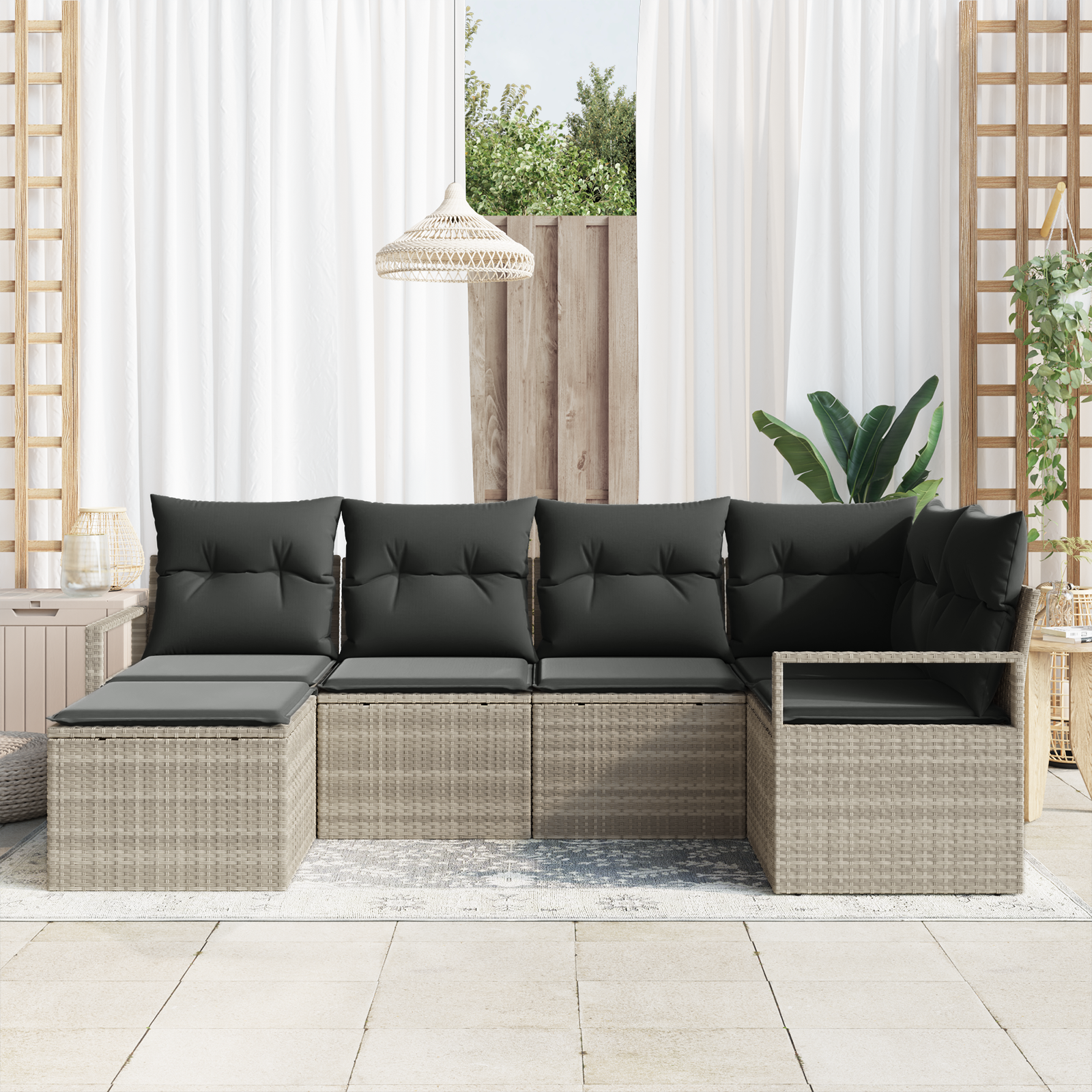 vidaXL 6-delige Tuinbankenset met kussens poly rattan lichtgrijs