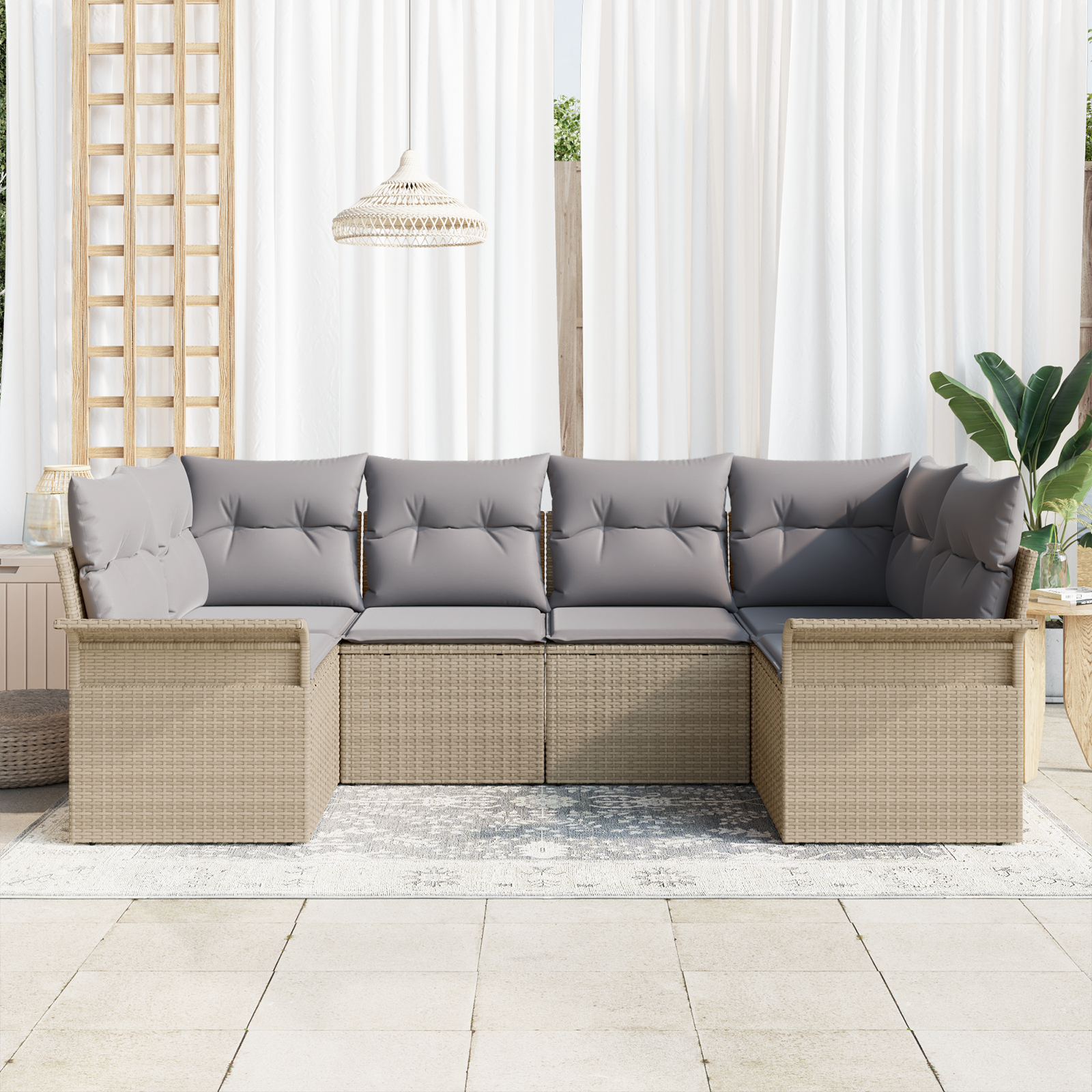 vidaXL 6-delige Tuinbankenset met kussens poly rattan beige