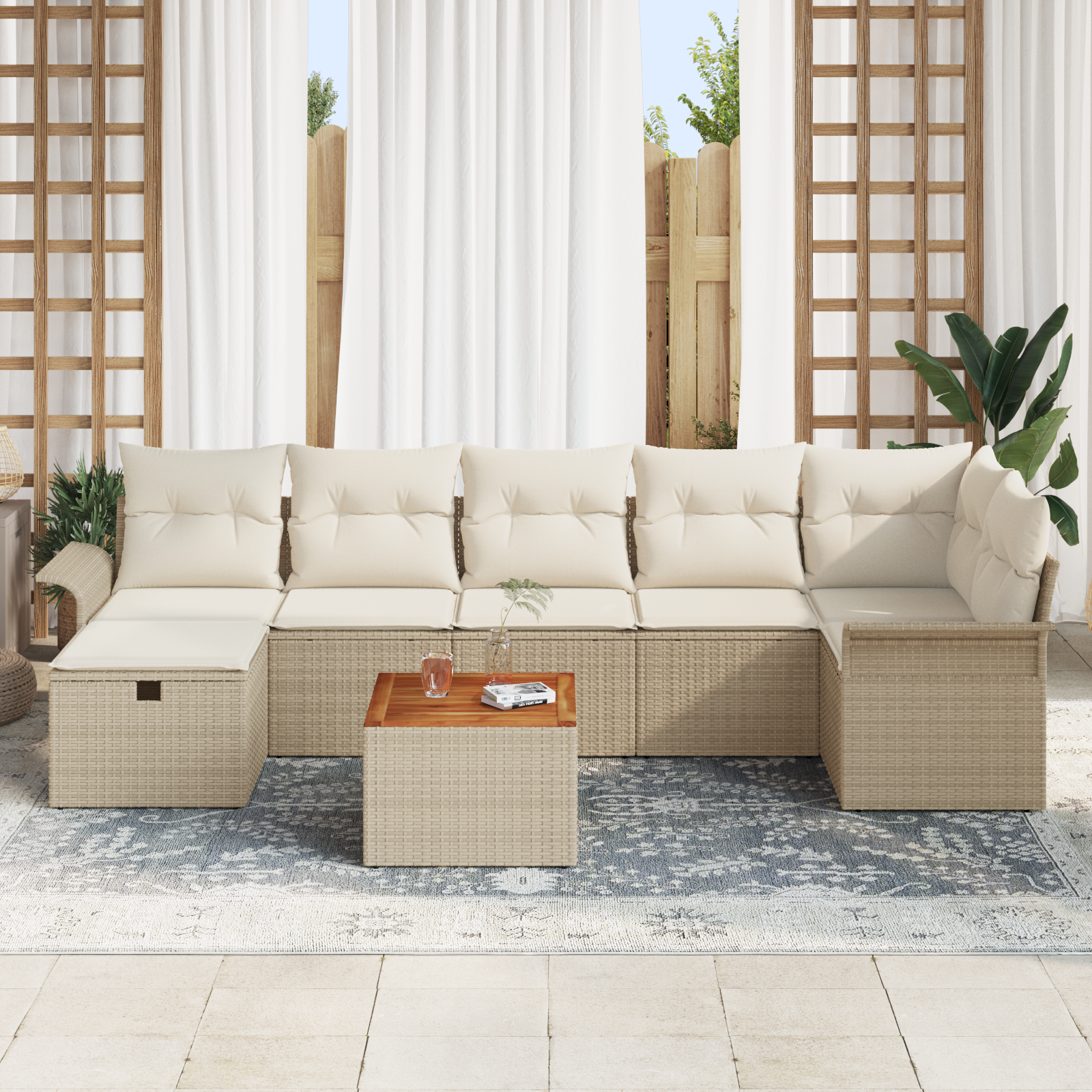 vidaXL 8-delig tuinset met kussens in beige poly rattan