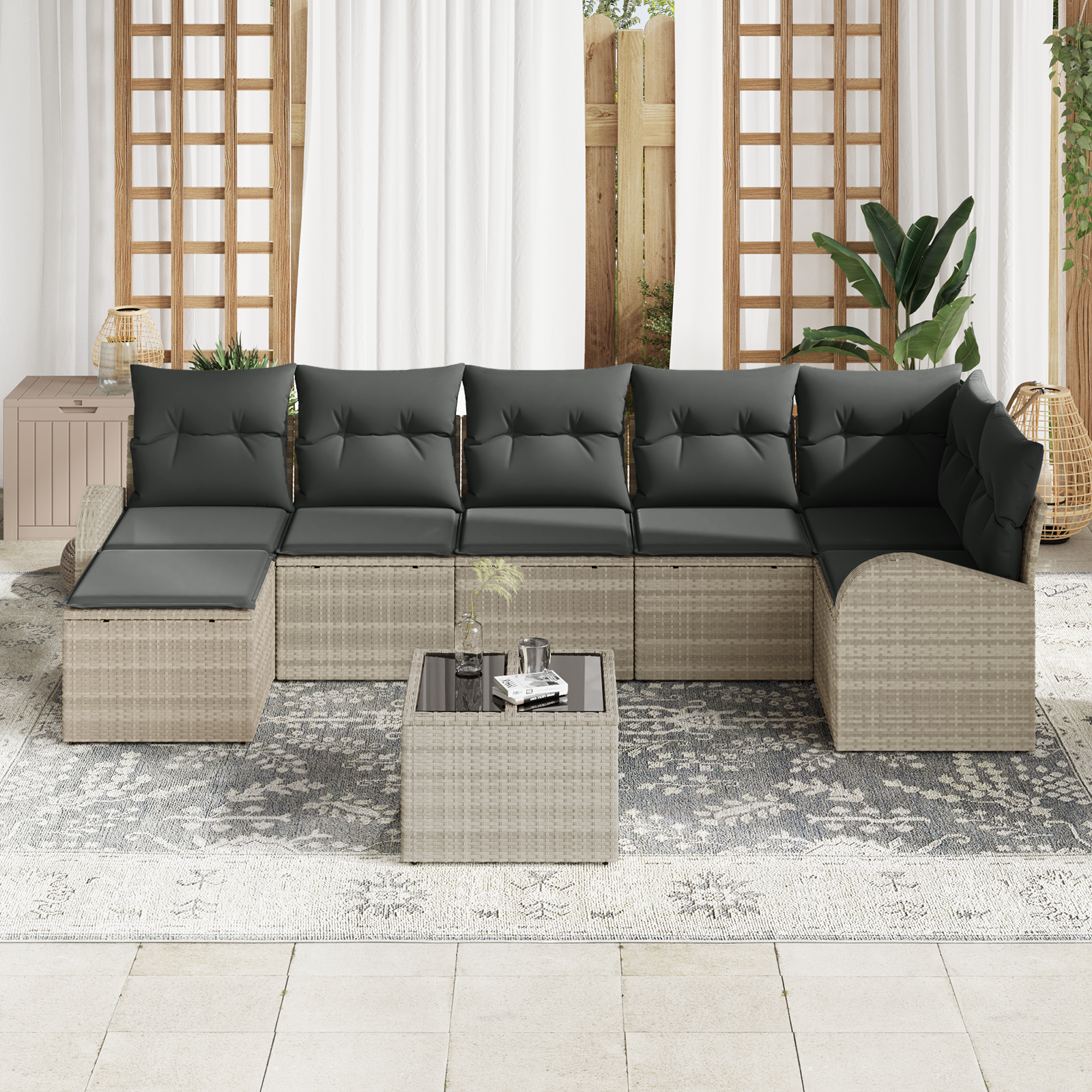 vidaXL 8-delige tuinbankset met kussens - Grijs Poly Rattan