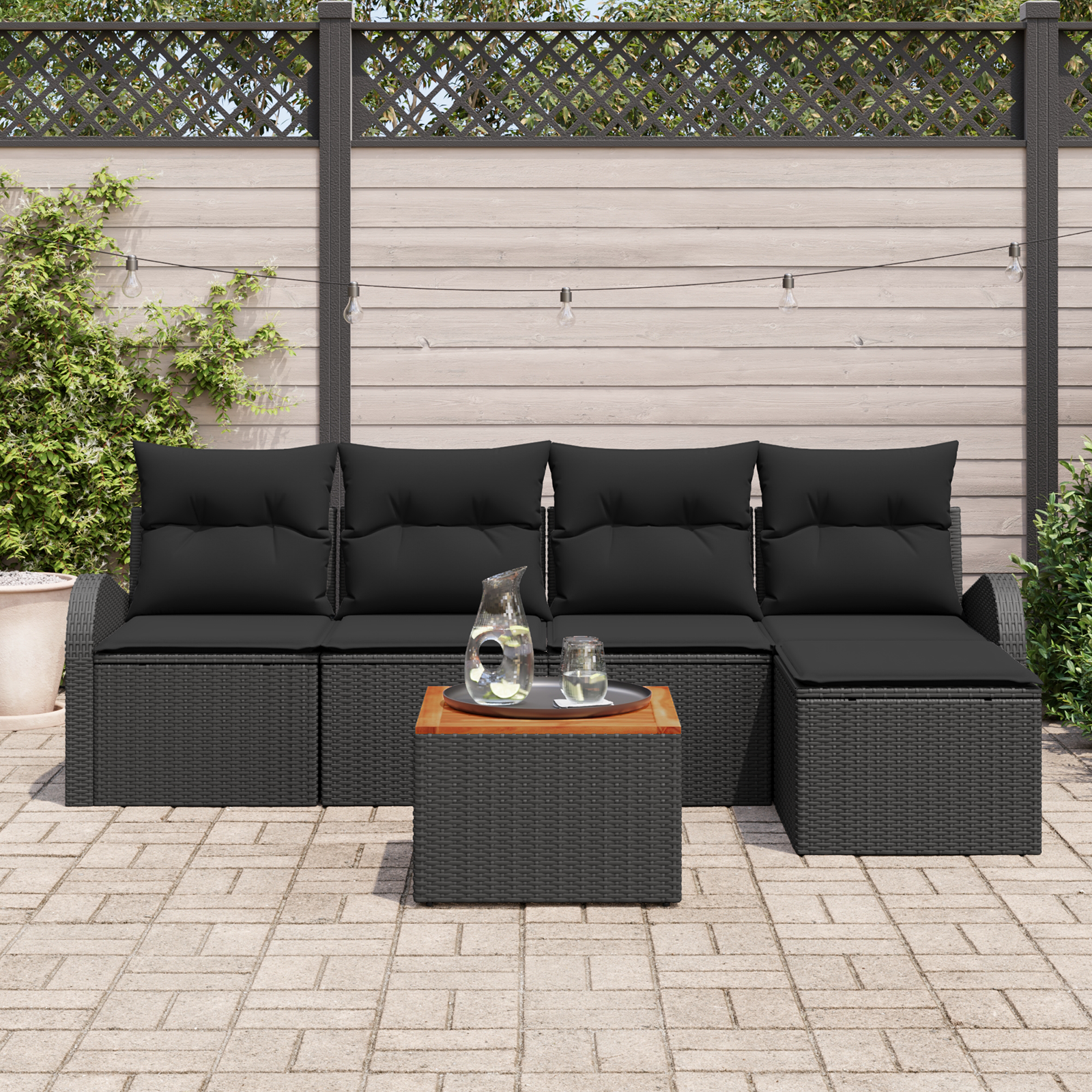 vidaXL 6-delige tuinsofa set met kussens zwart poly riet acacia
