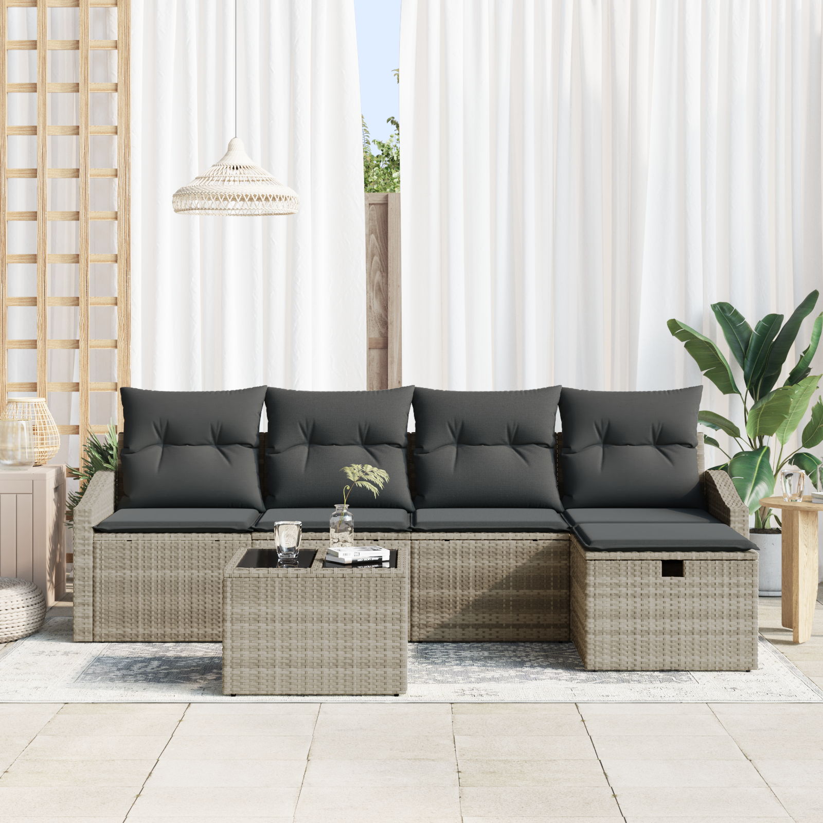 vidaXL 6-delige Tuinbankenset met kussens poly rattan lichtgrijs