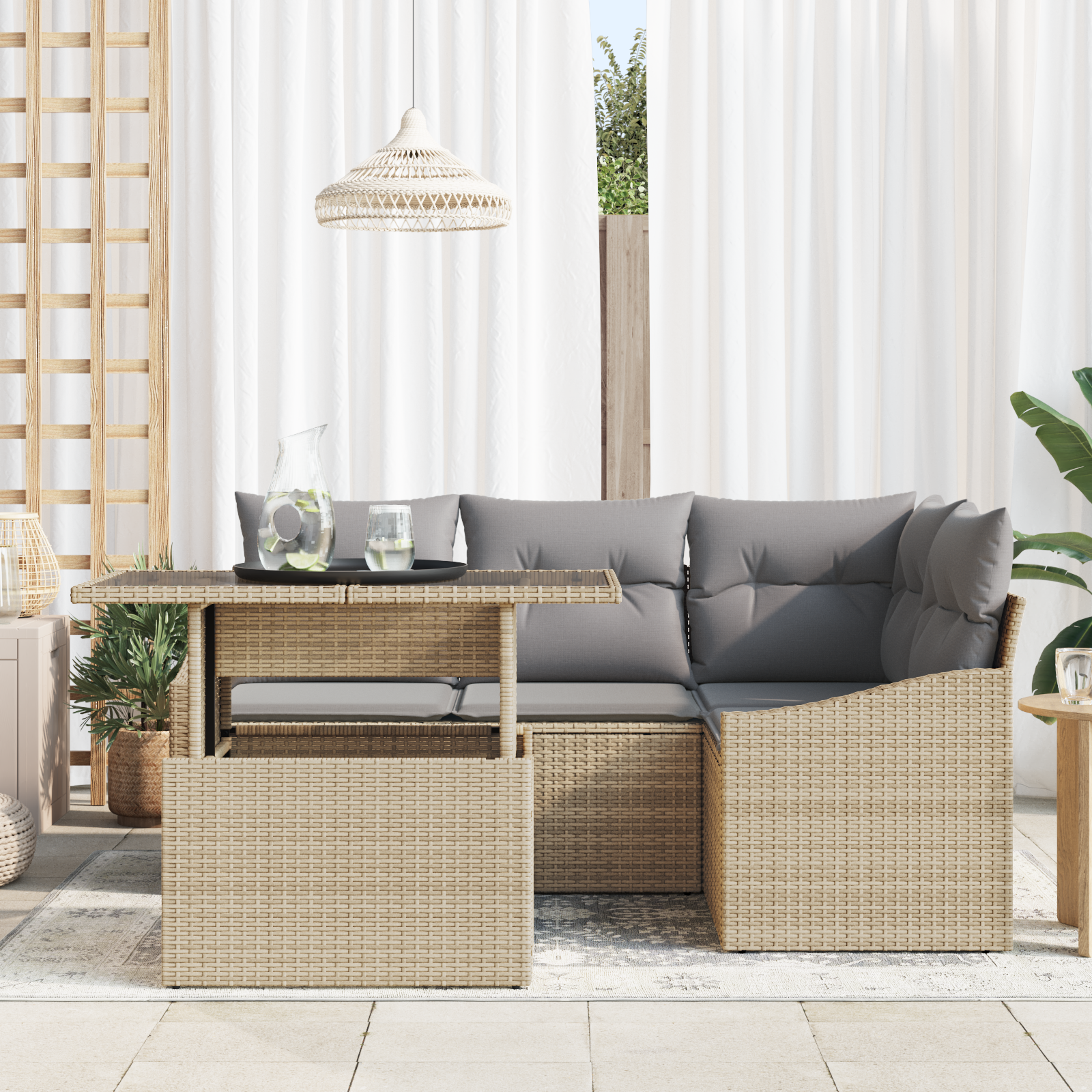 vidaXL 5-delige Tuinbank Set met Kussens in Beige Poly Rattan