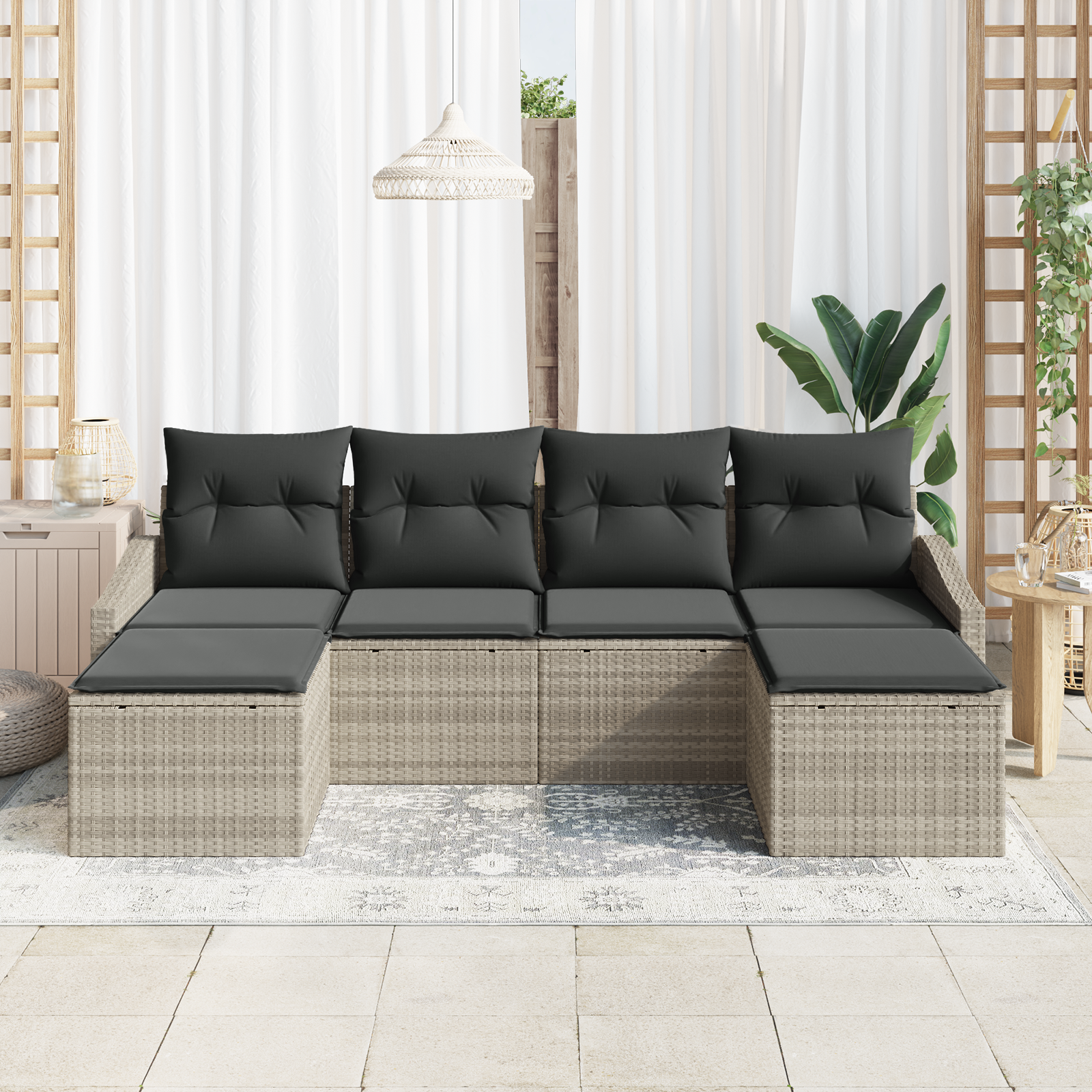 vidaXL 6-delige tuin eetset met kussens lichtgrijs poly rattan