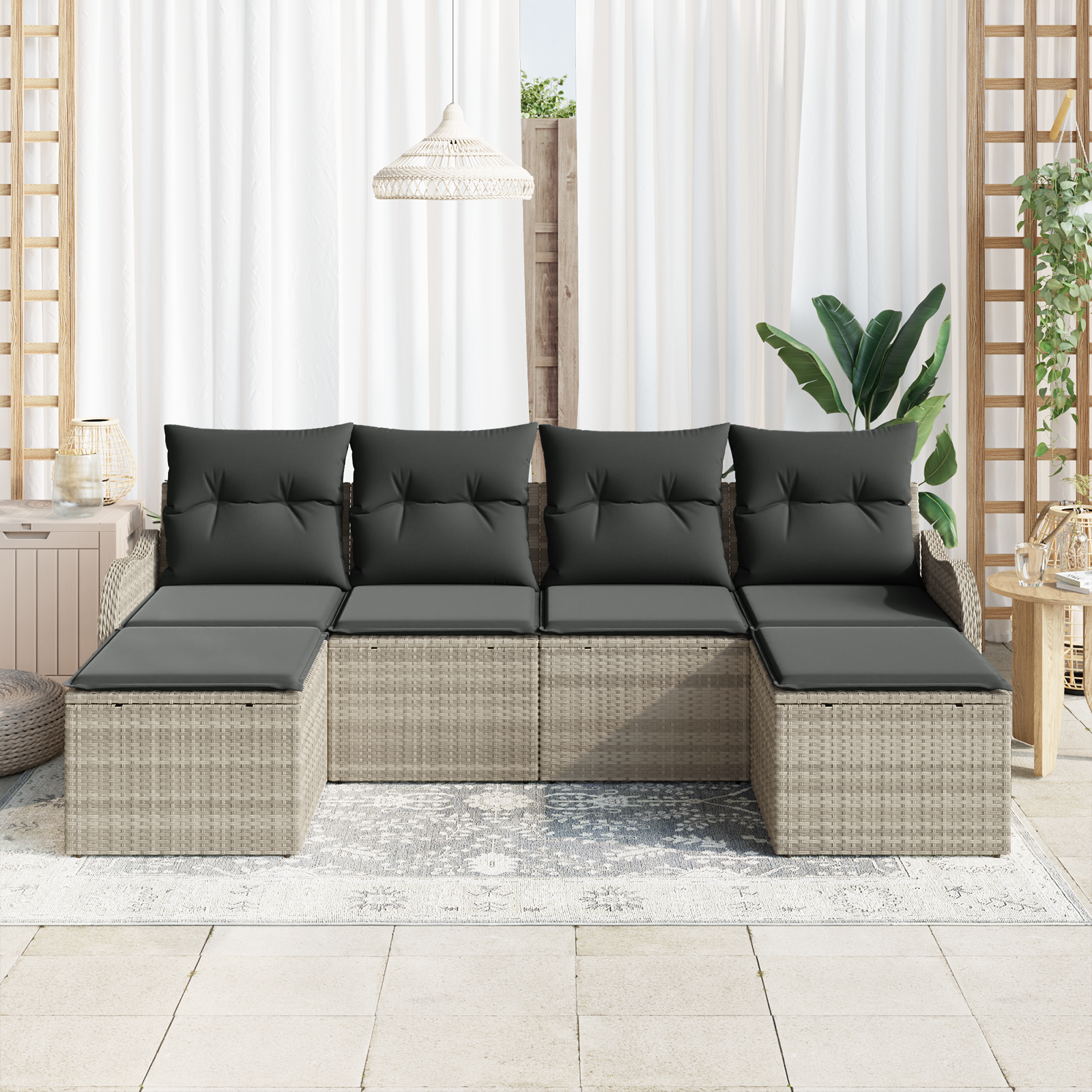 vidaXL 6-delige tuinset met kussens in lichtgrijs poly rattan
