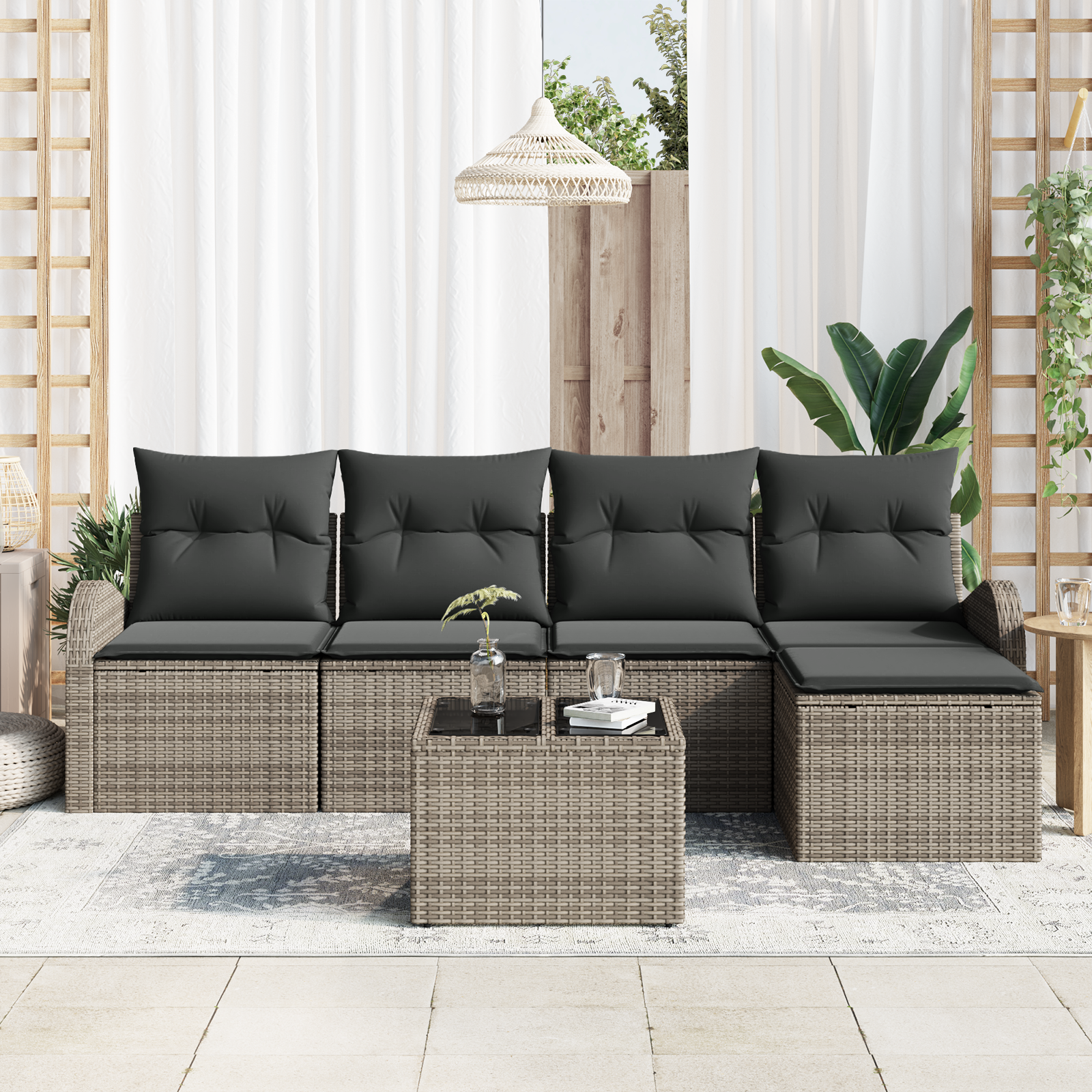 vidaXL 5-delige Tuinset met Kussens Zwart Poly Rattan
