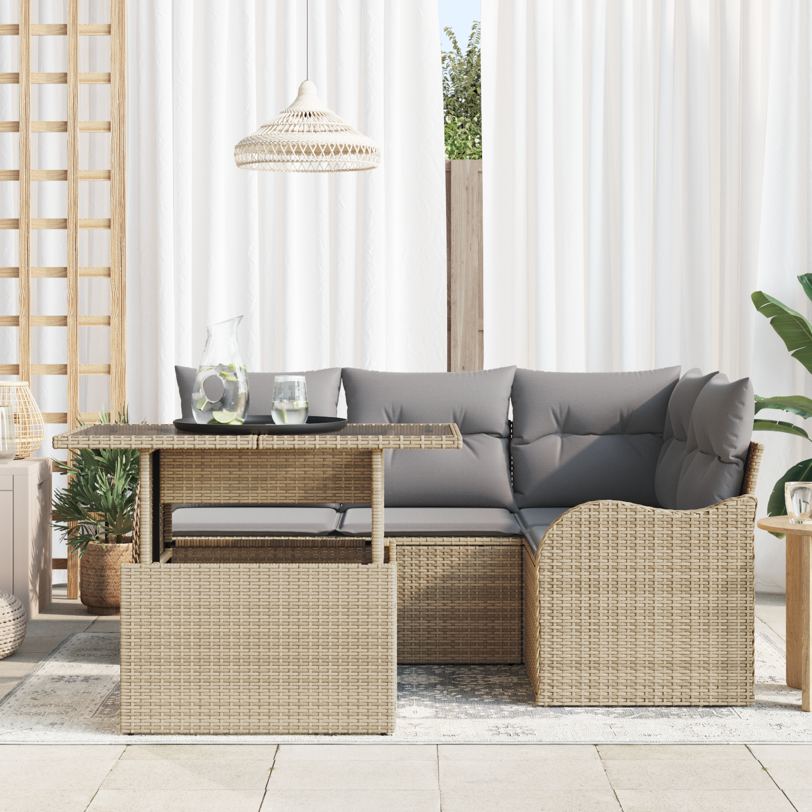 vidaXL 5-delige Tuinbankenset met kussens poly rattan beige