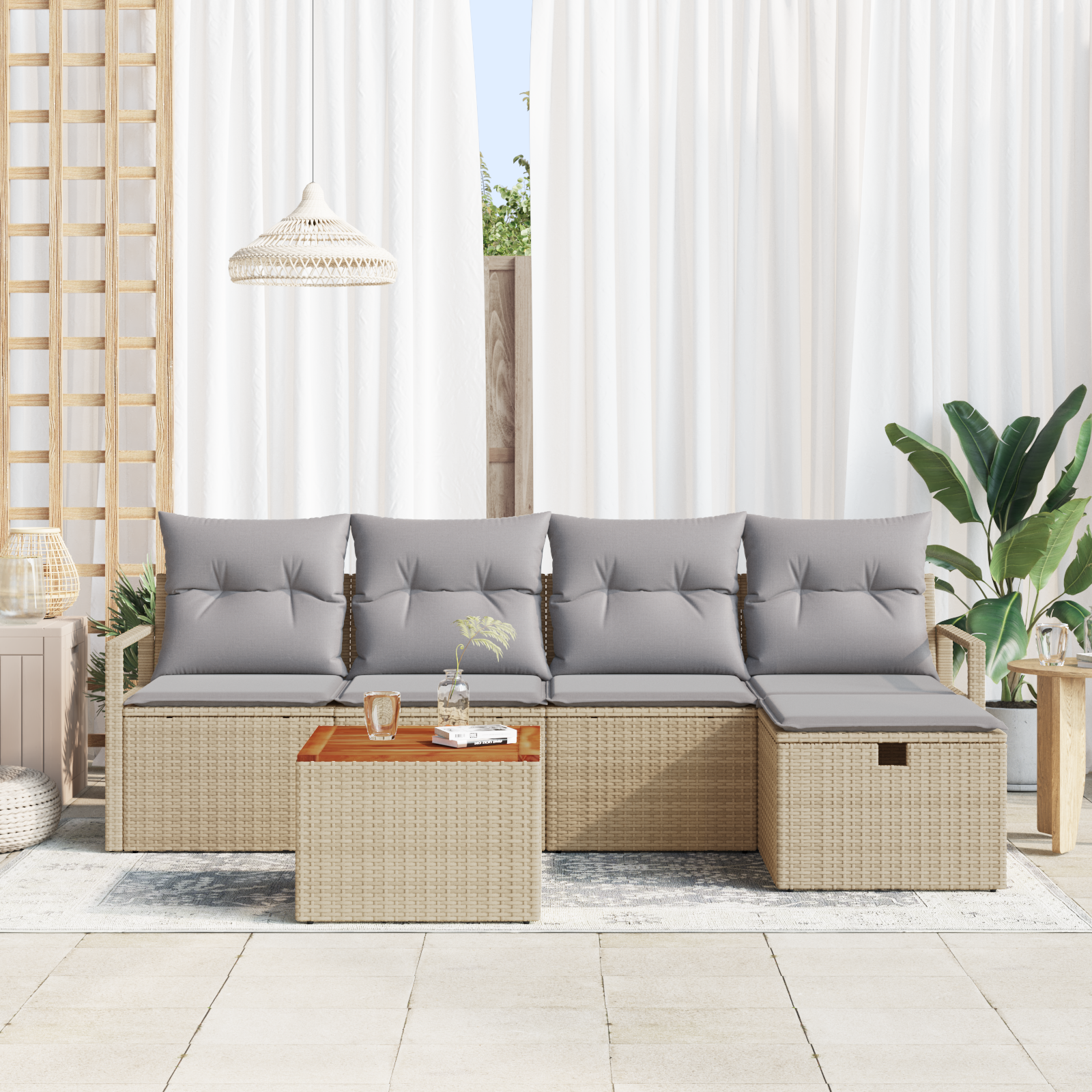 vidaXL 6-delige tuinbankset met kussens in beige poly rattan