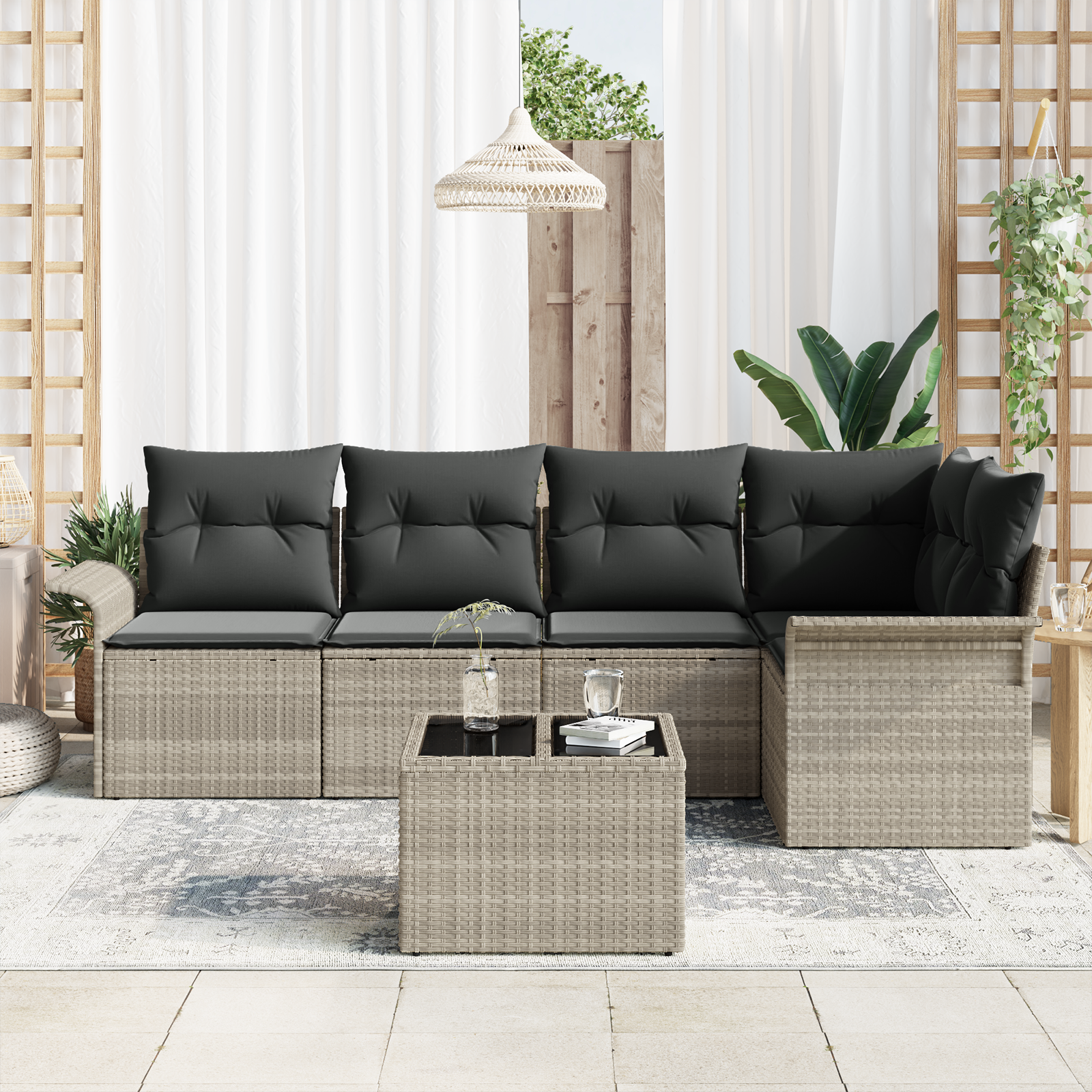 vidaXL 6-delige Tuin Sofa Set met Kussens Lichtgrijs Poly Rattan