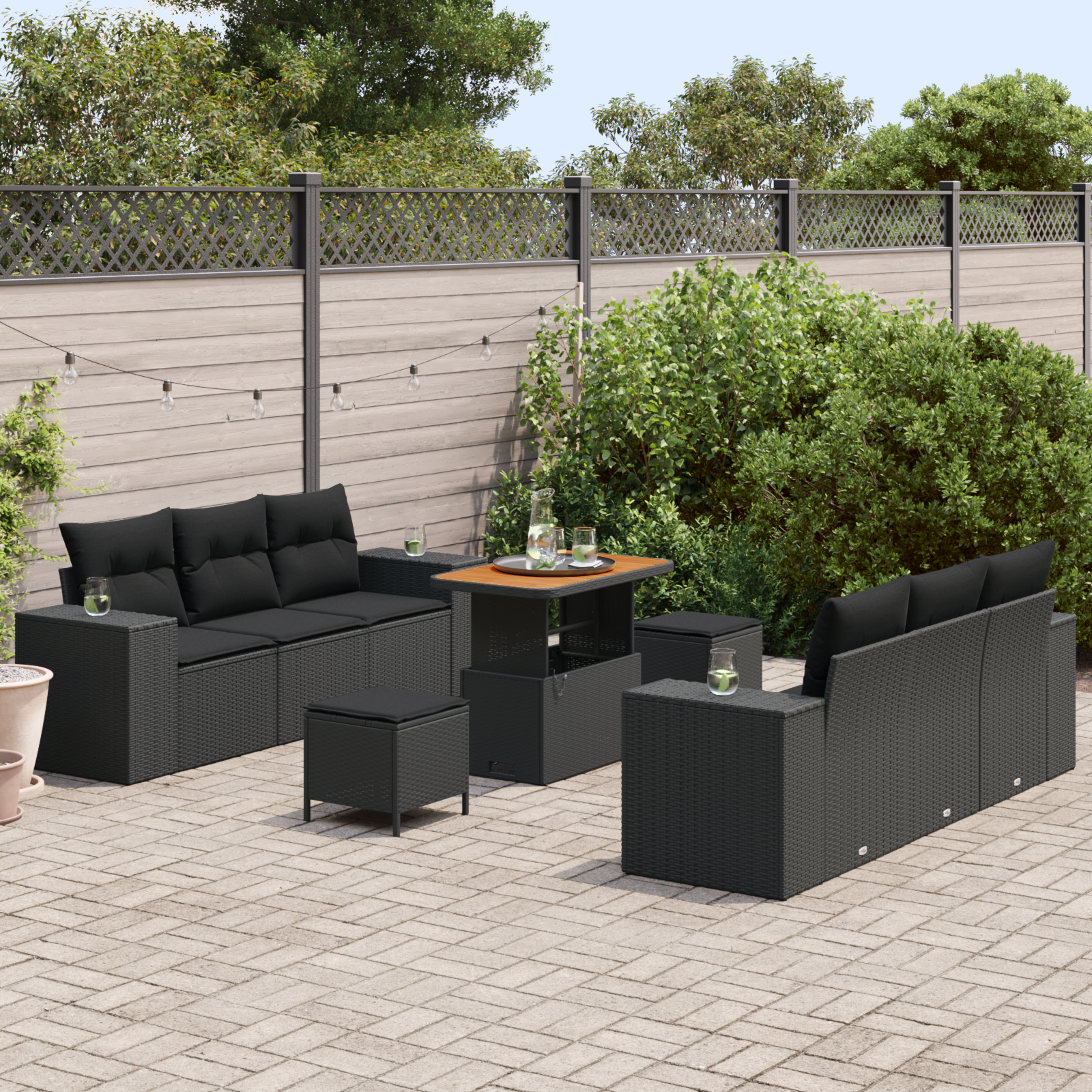 vidaXL 9-delige tuinset met kussens van zwart poly rattan en acacia.