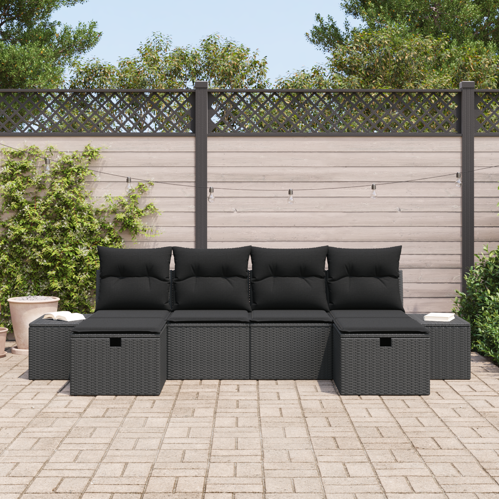 vidaXL 6-delige tuinbankset met kussens zwart poly rattan