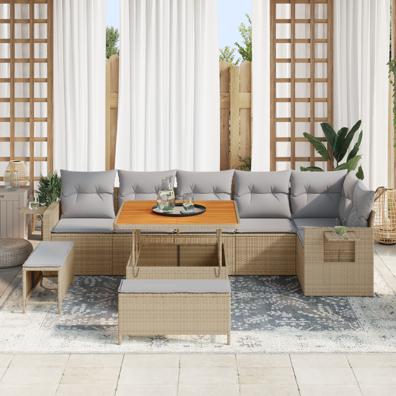 vidaXL 9-delige Tuinbankenset met kussens poly rattan acacia beige