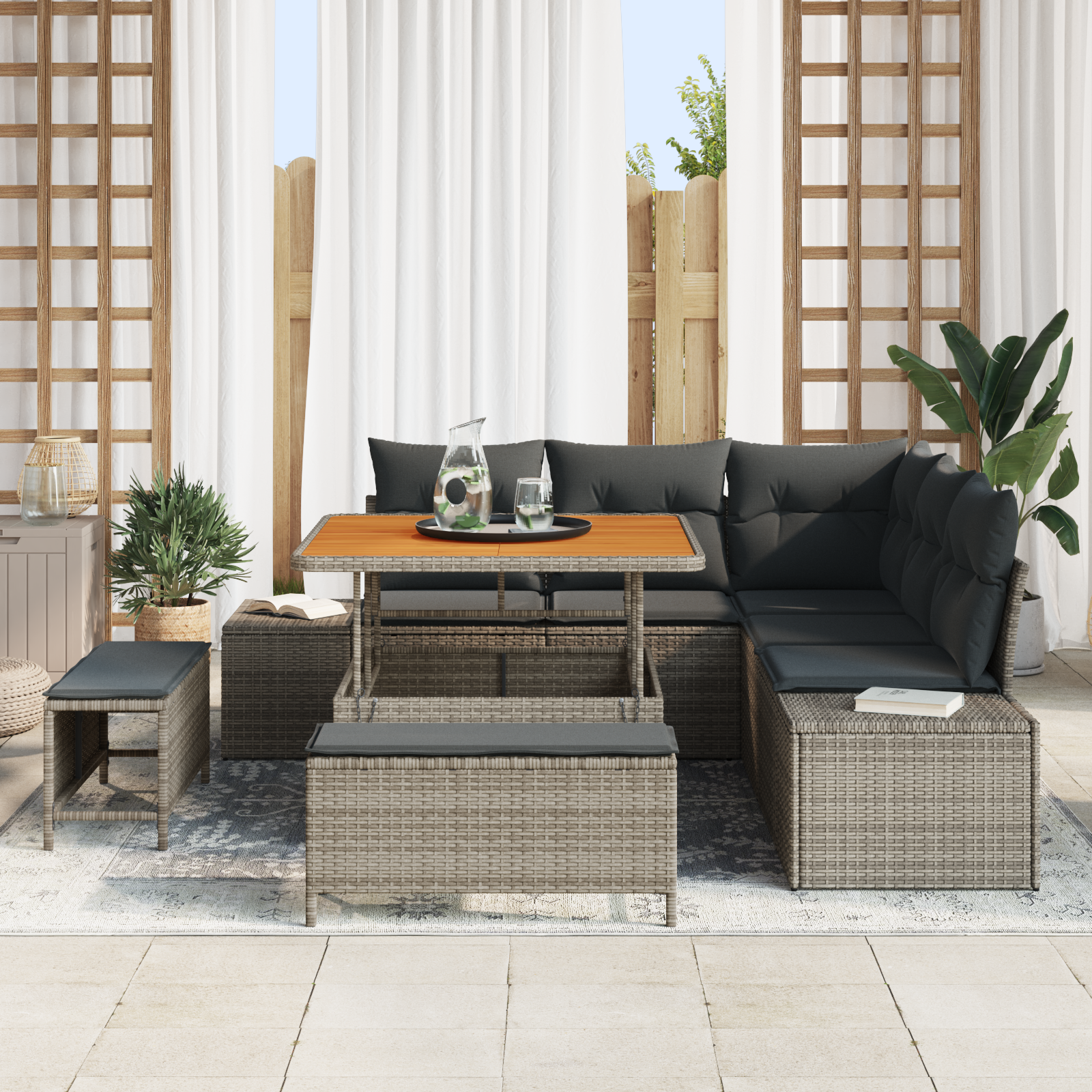 vidaXL 8-delige tuinbank set met kussens grijs poly rattan acacia