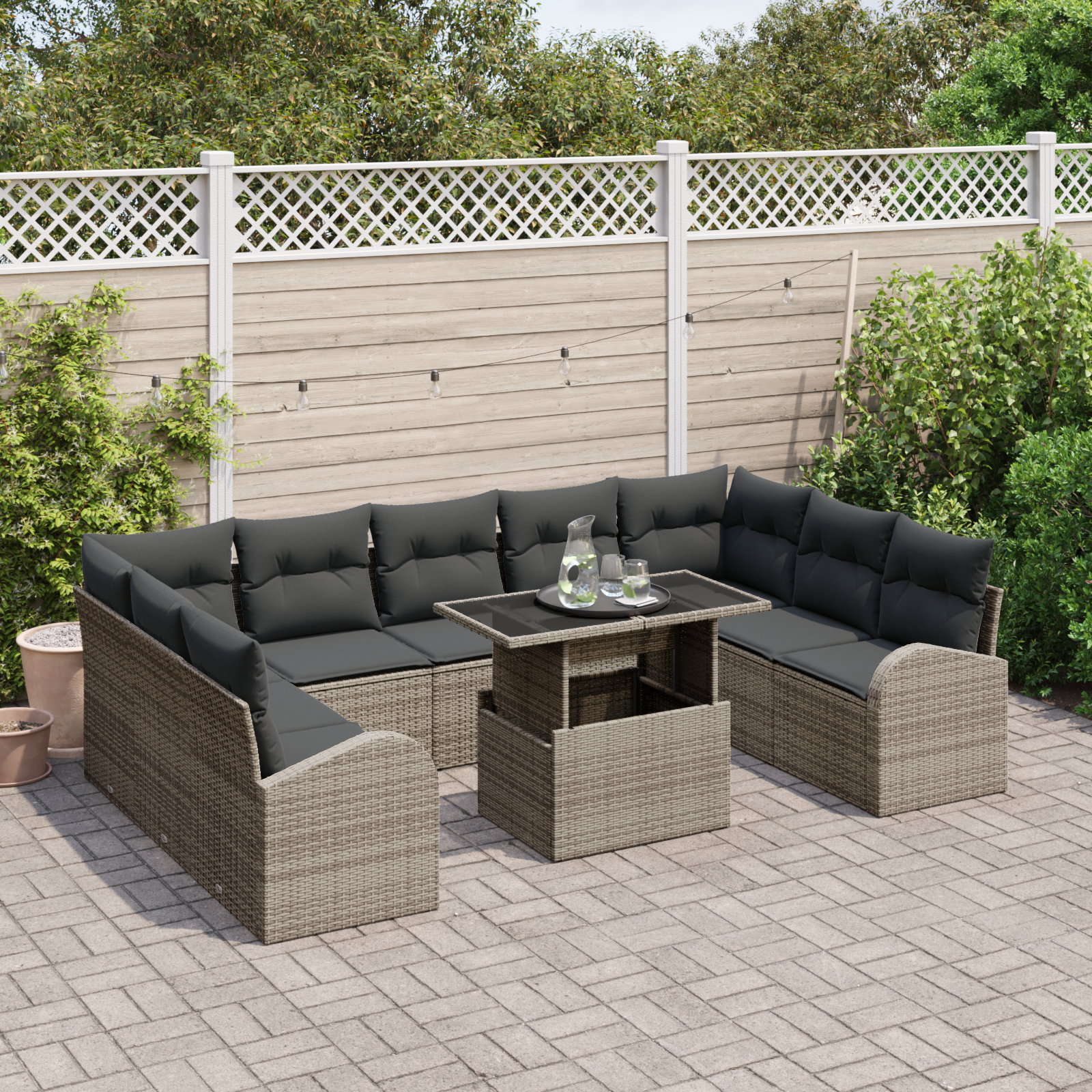 vidaXL 10-delige tuinbankset met kussens grijs poly rattan