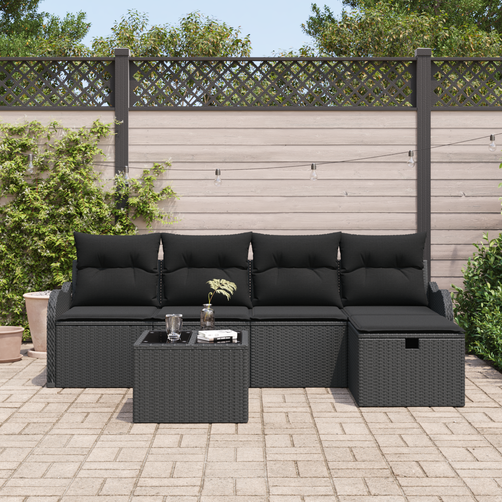 vidaXL 6-delige Tuinset met Kussens Zwart Poly Rattan