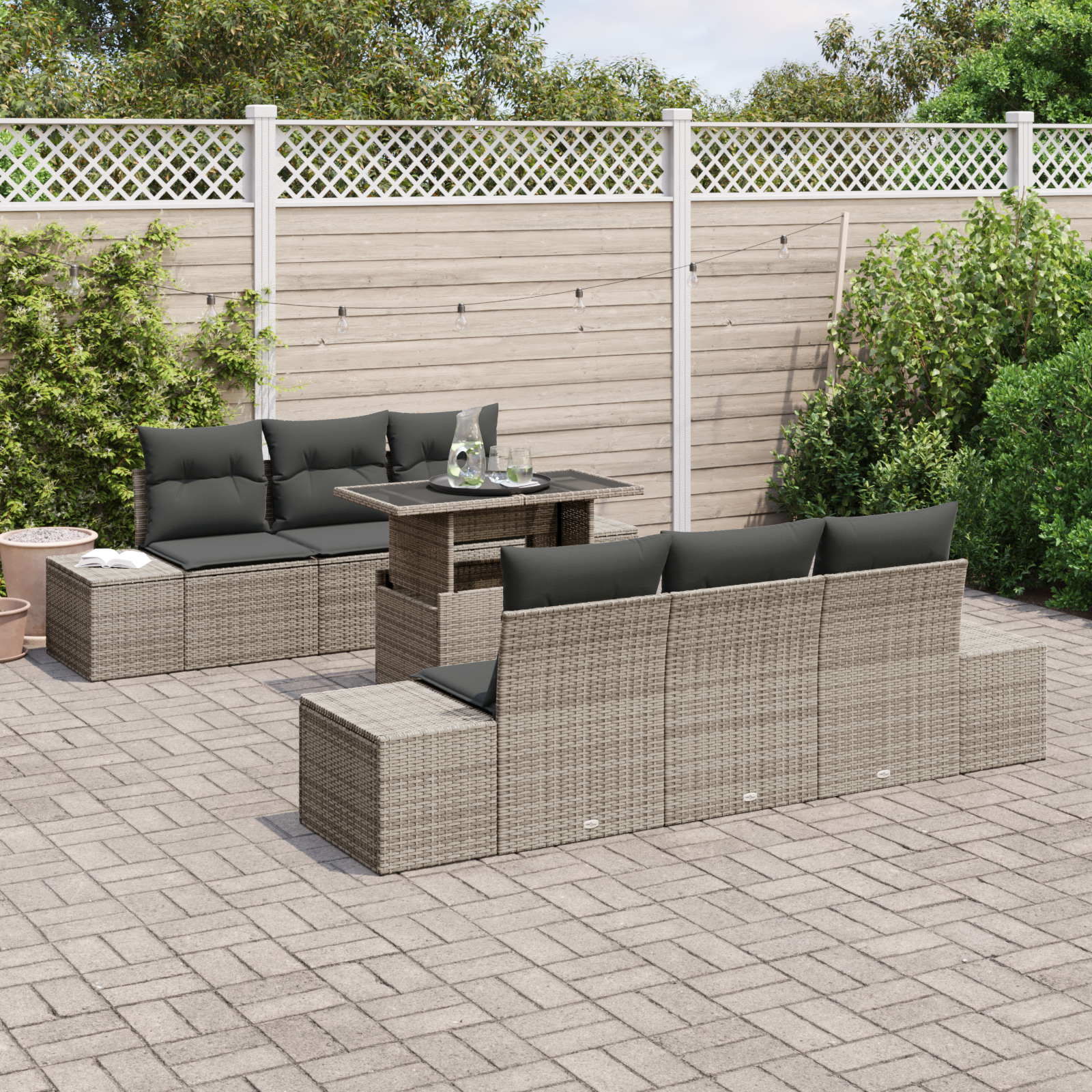 vidaXL 7-delige Tuinbankenset met kussens poly rattan grijs