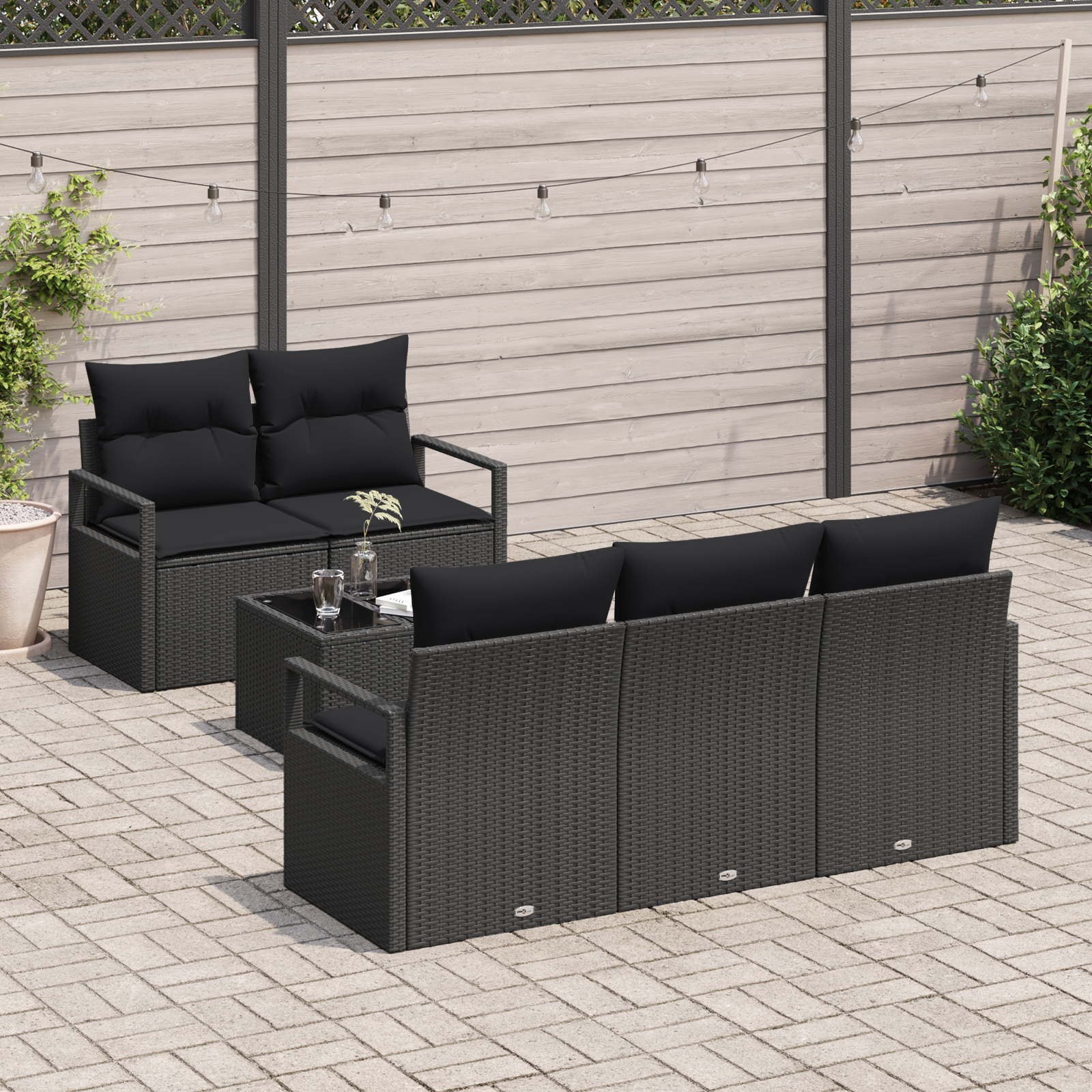 vidaXL 6-delige tuinbankset met kussens - zwart poly rattan