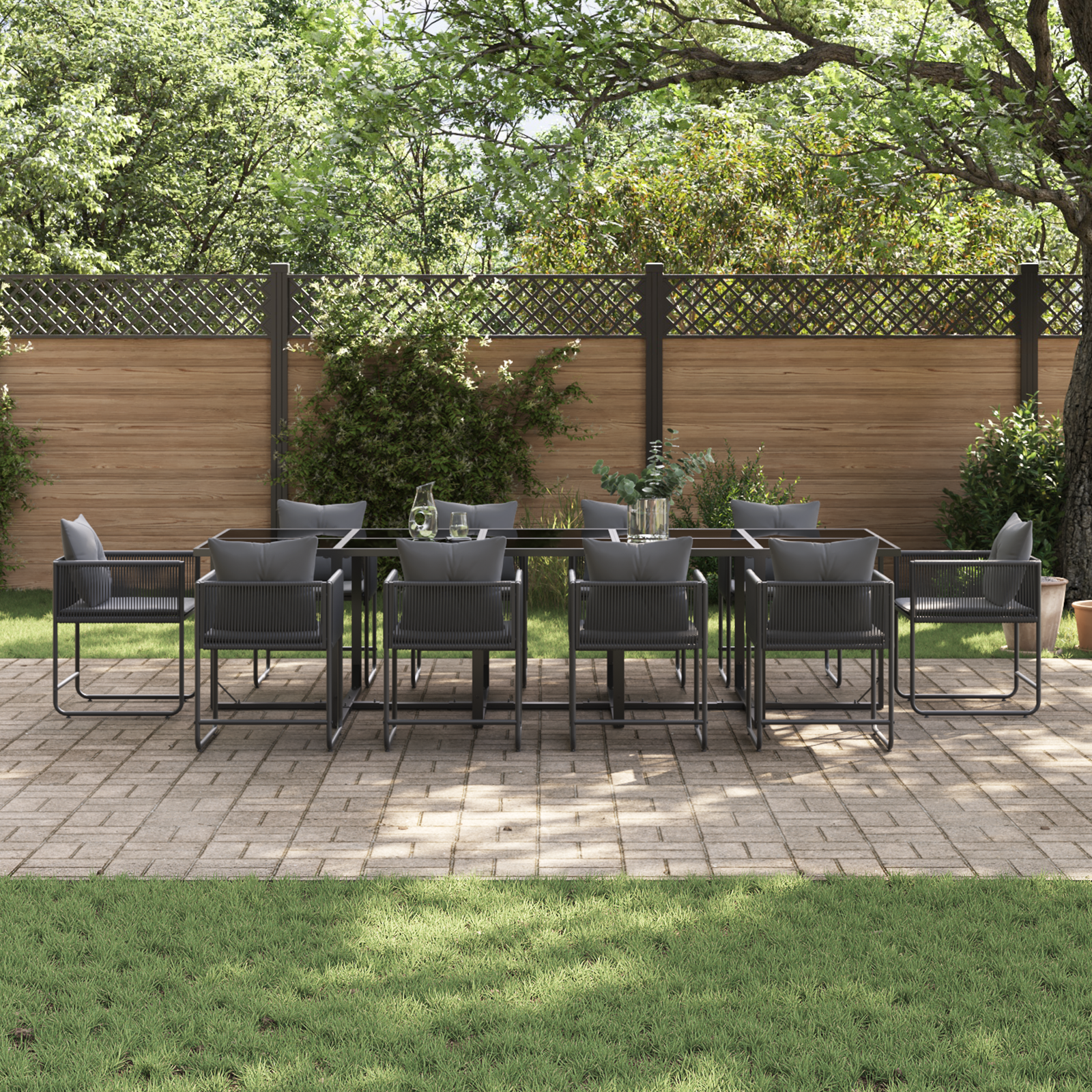 vidaXL 15-delige tuin eetset met kussens van staal en poly riet
