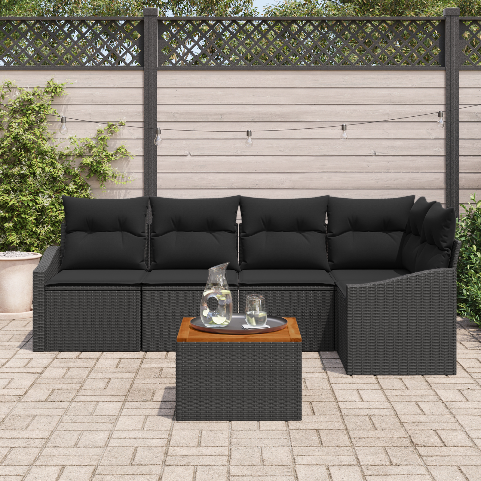 vidaXL 6-delige tuinset met kussens zwart poly rattan en acaciahout