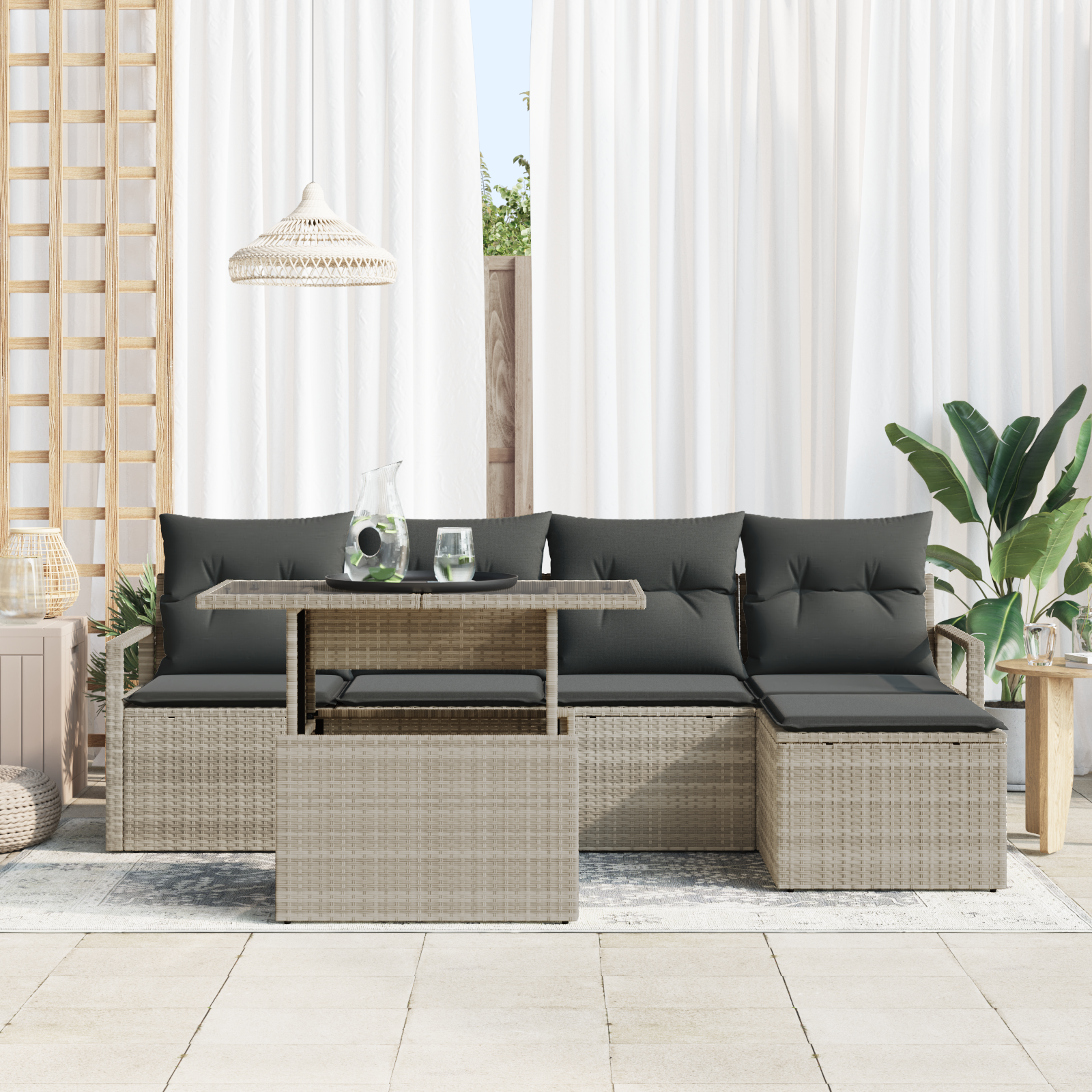 vidaXL 6-delige Tuinbankenset met kussens poly rattan lichtgrijs