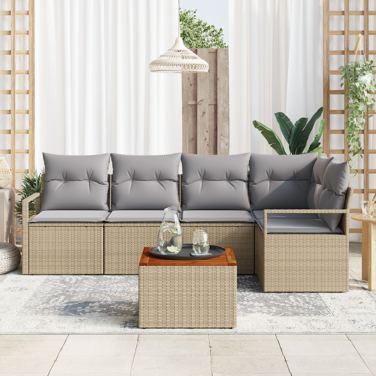 vidaXL 6-delige Tuin Sofa Set met Kussens in Beige van Poly Rattan en Acacia
