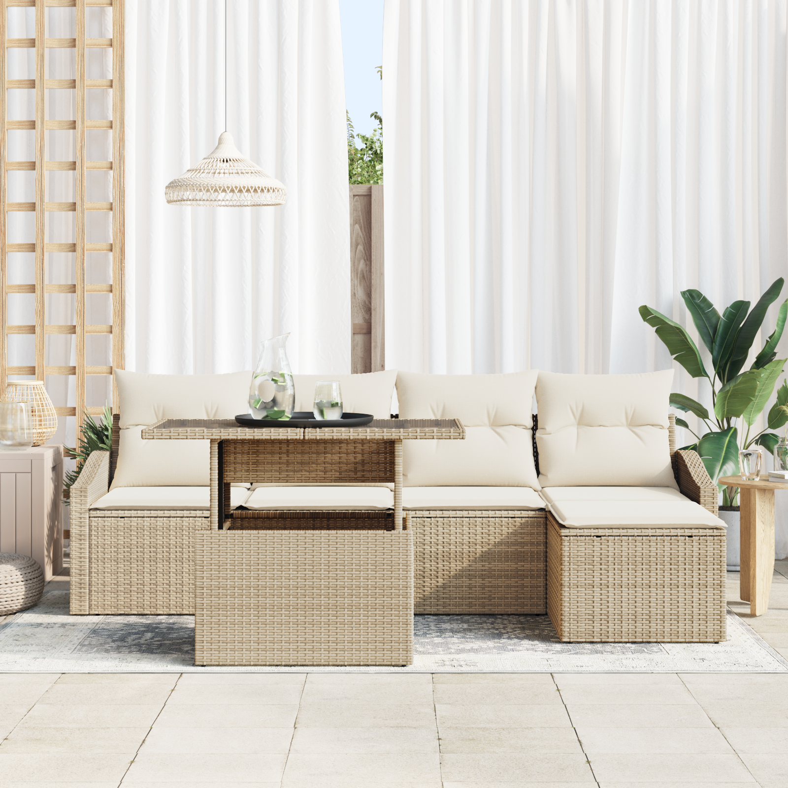 vidaXL 6-delige loungeset met kussens in beige van poly rattan