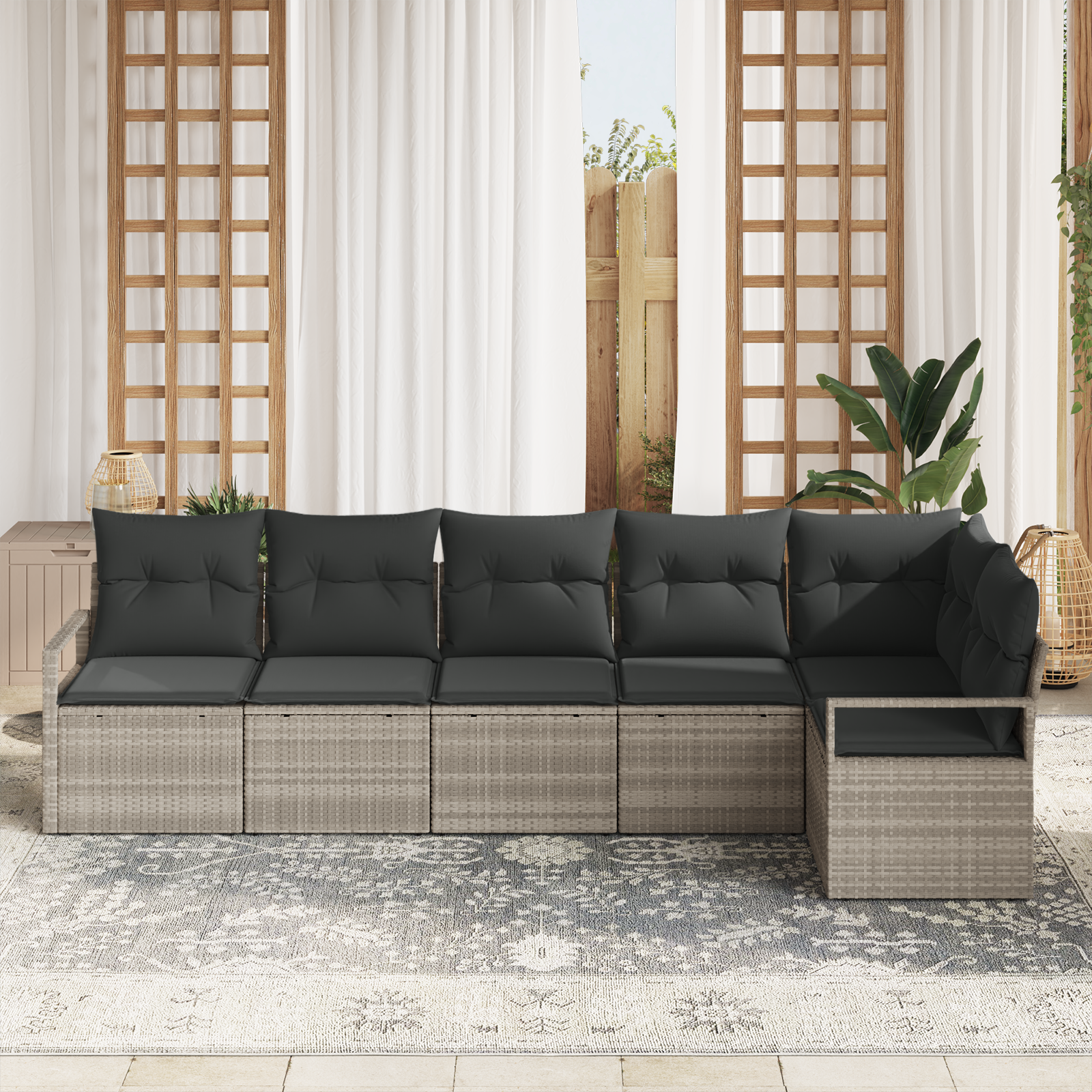 vidaXL 6-delige tuinsofa set met kussens in lichtgrijs poly riet