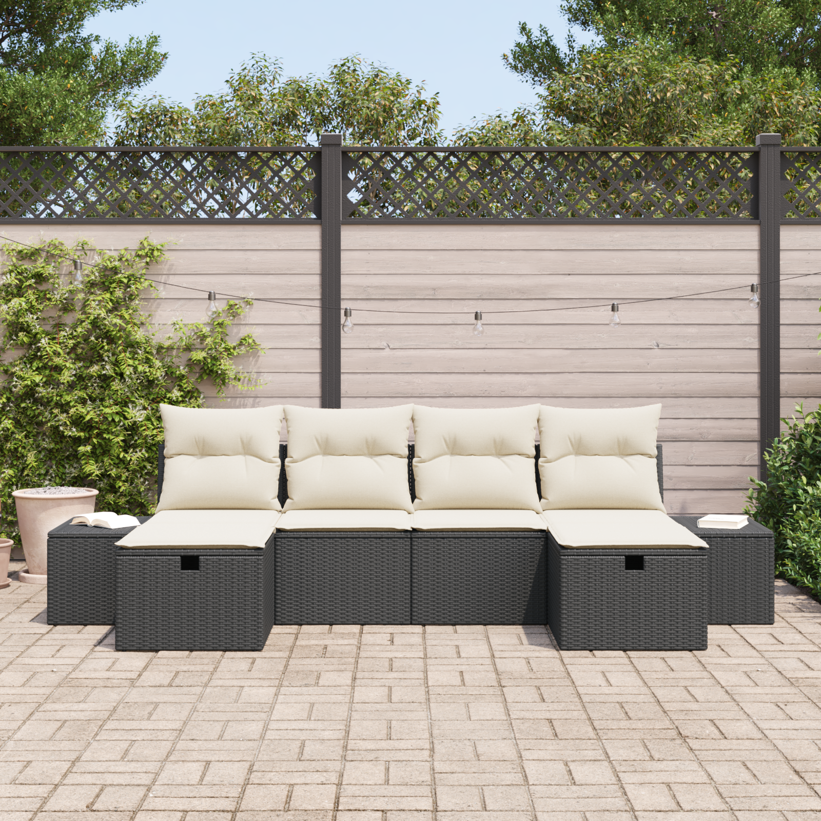 vidaXL 6-delige tuinbankset met kussens - Zwart poly rattan