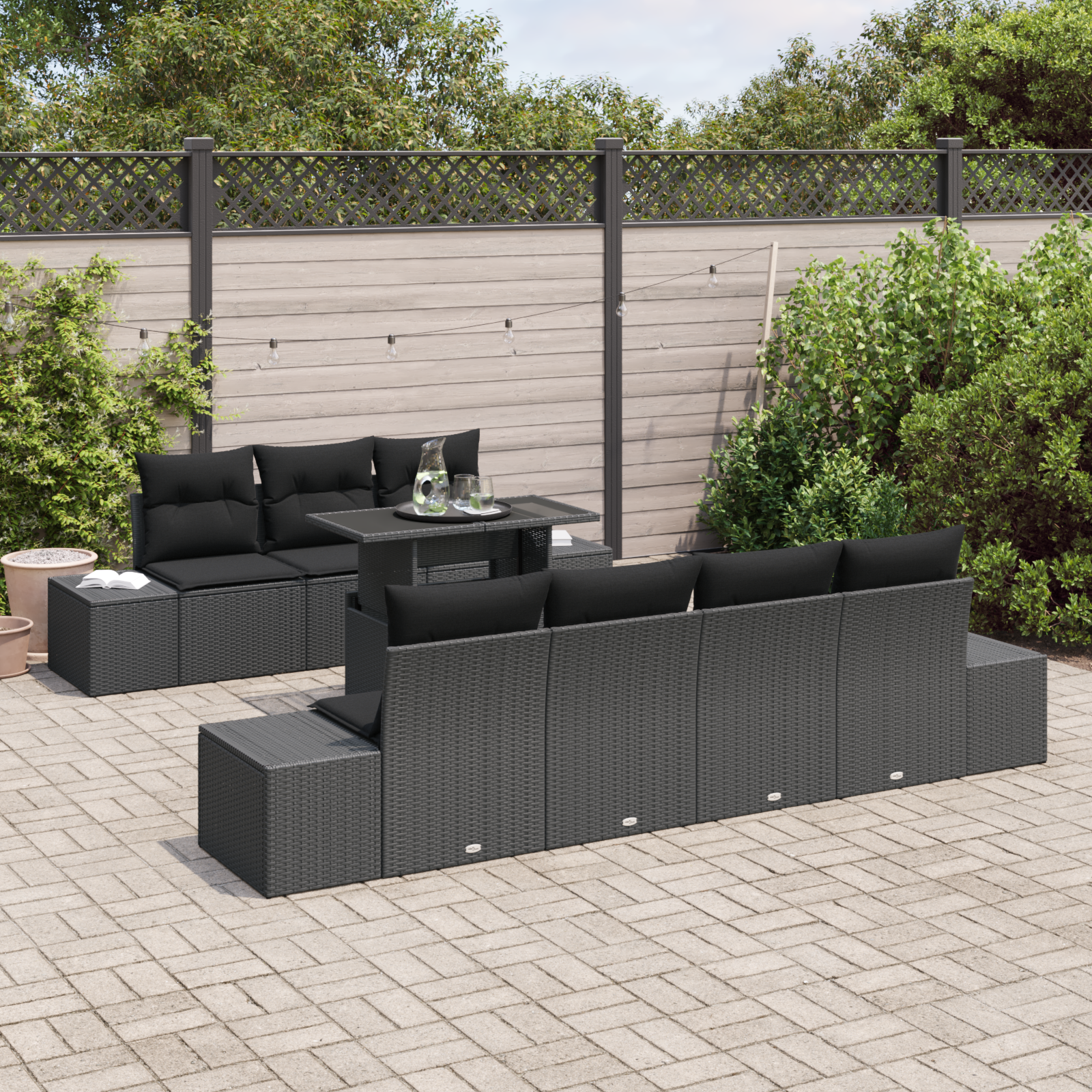 vidaXL 8-delige tuinset met kussens in zwart poly riet