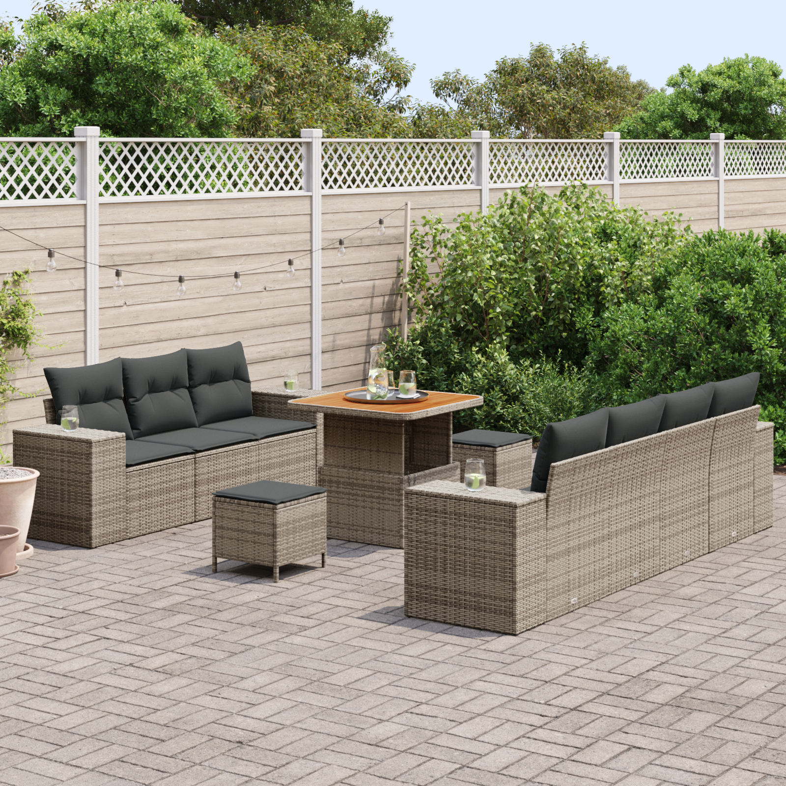 vidaXL 10-delige Tuinbankenset met kussens poly rattan acacia grijs