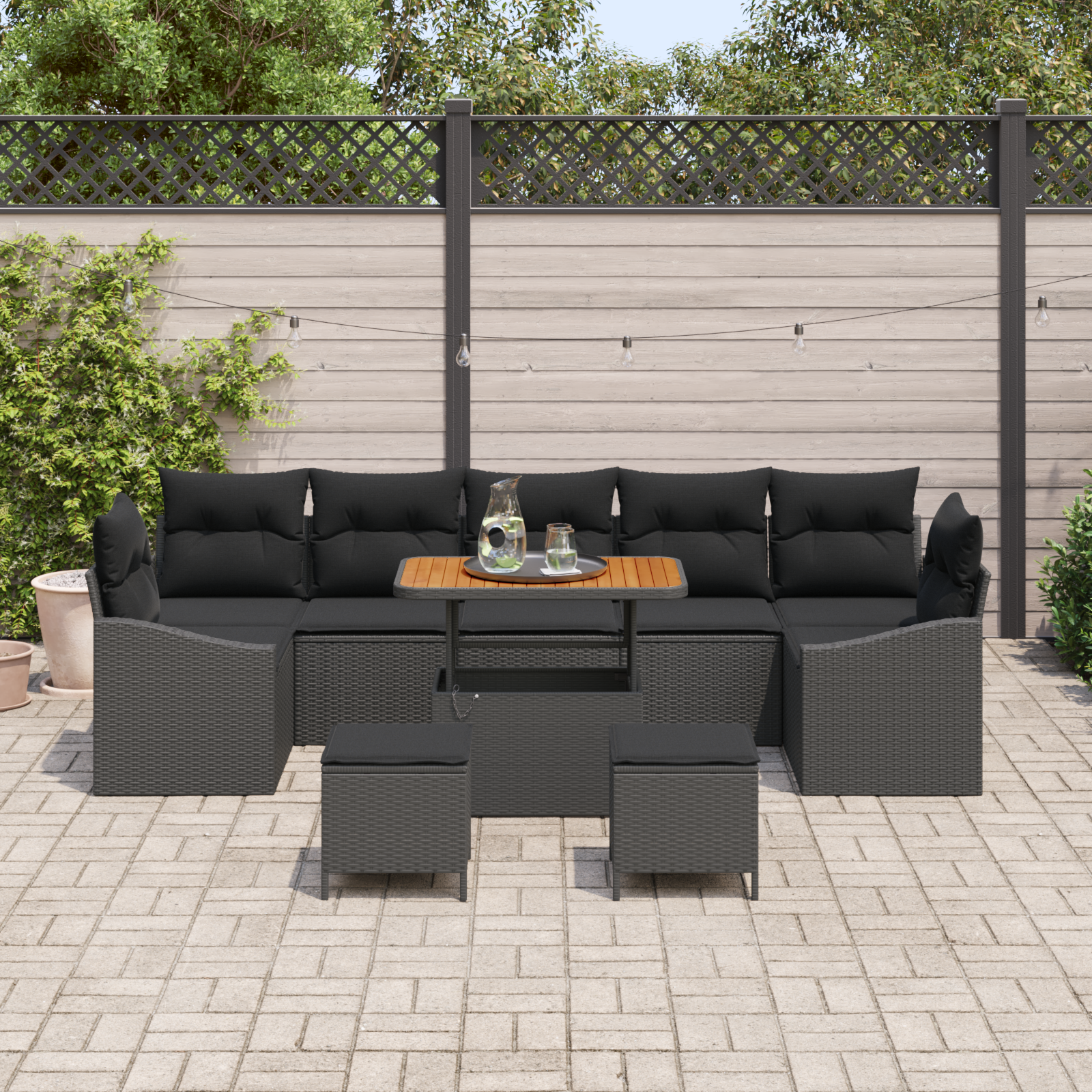 vidaXL 10-delige tuinset met kussens, zwart polyrattan, acacia