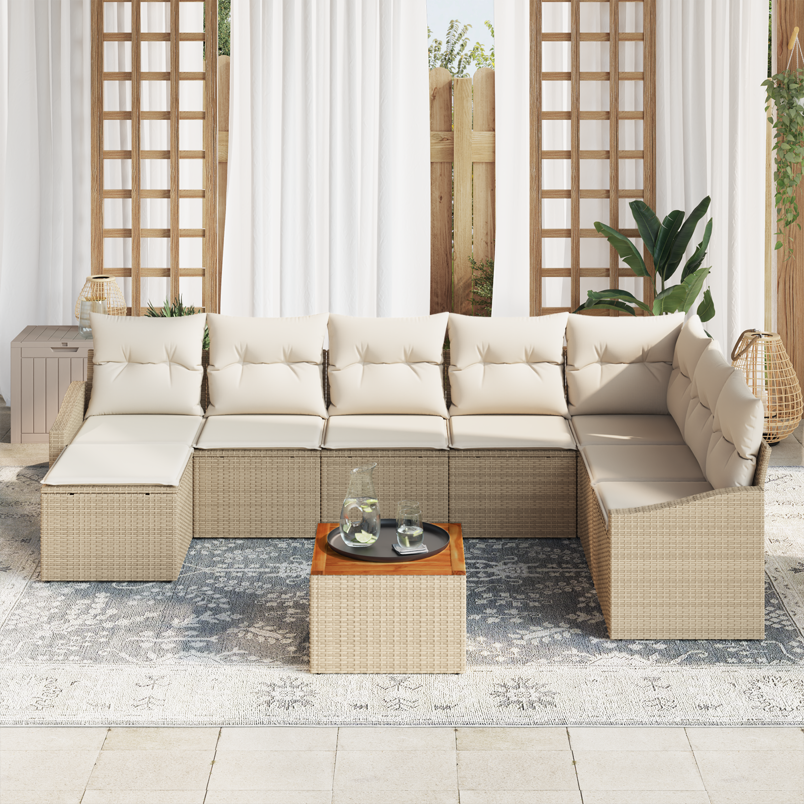 vidaXL 9-delige Tuinbankenset met kussens poly rattan en acacia beige