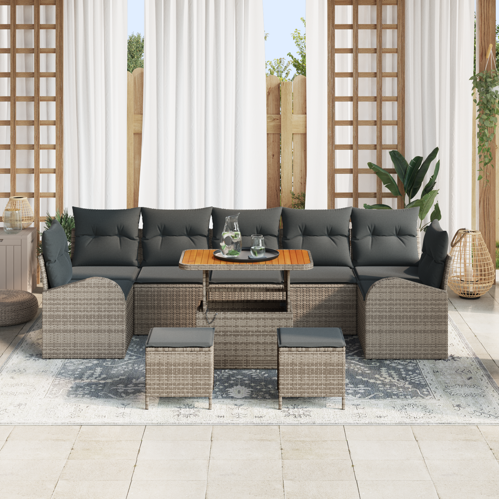 vidaXL 10-delige tuinsofaset met kussens in het grijs van poly rattan en acacia