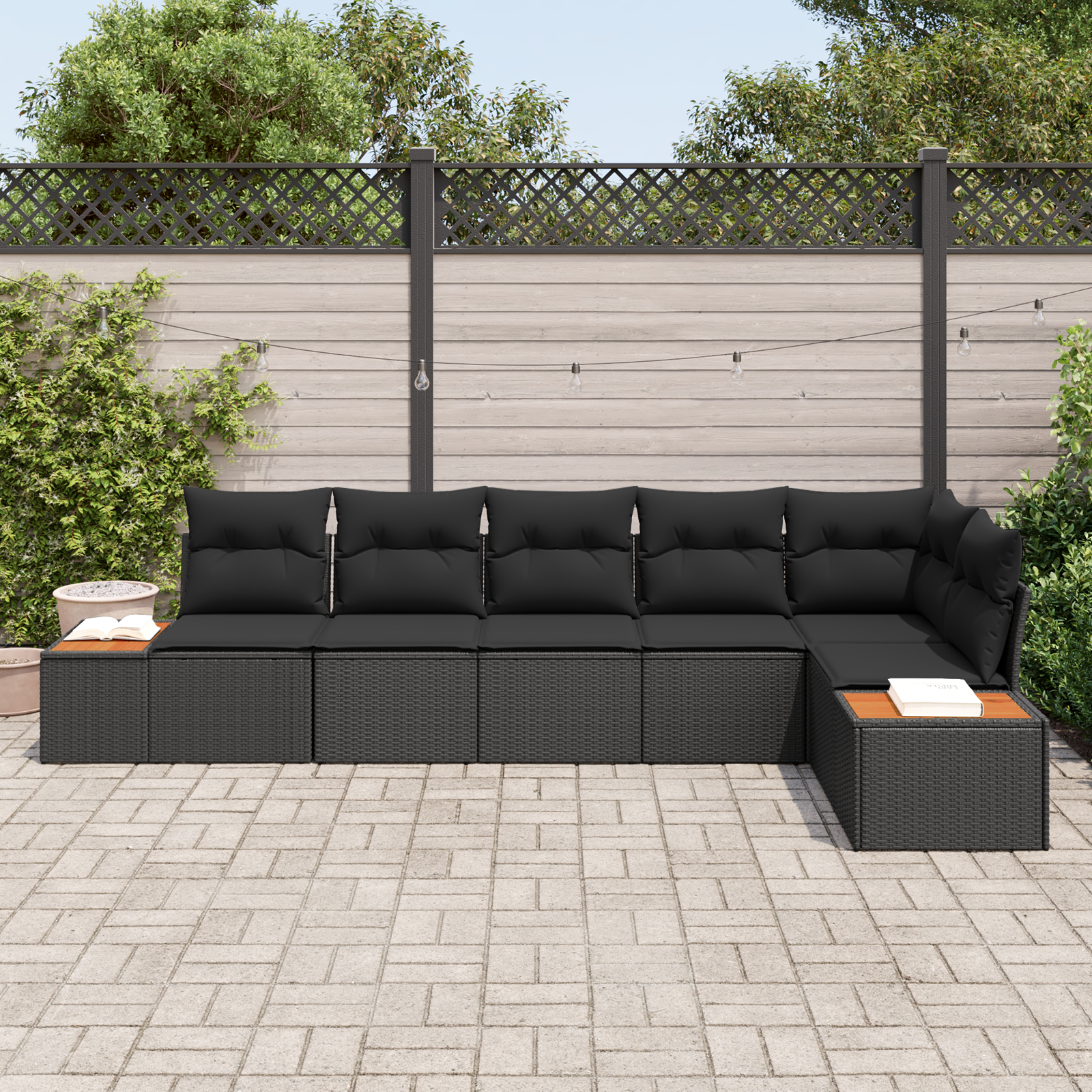 vidaXL 6-delige tuinset met kussens Zwart Poly Rattan Acacia